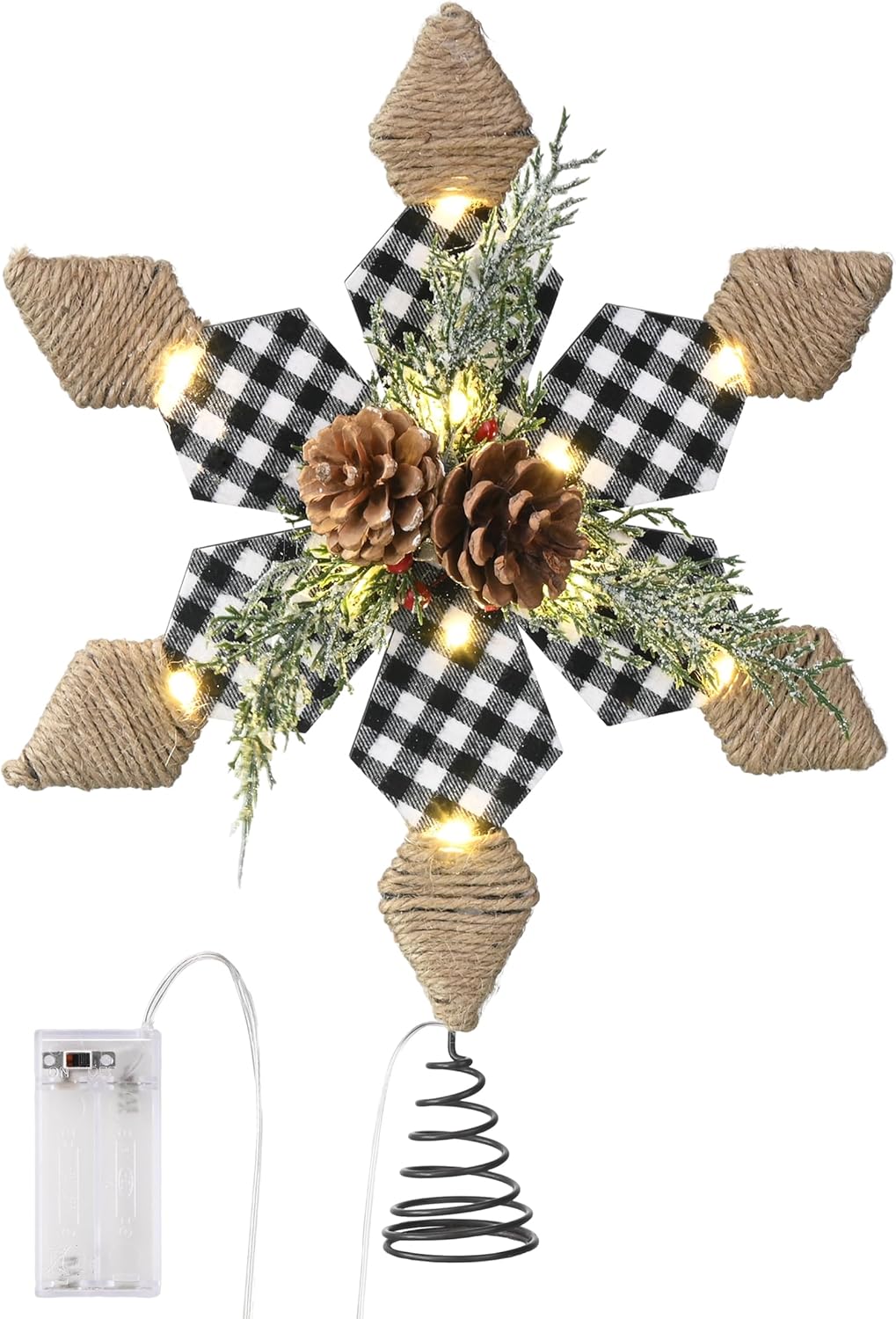 Valery Madelyn Decoración para árbol de Navidad preiluminada de 16.1 pulgadas, color blanco y negro, parte superior para árbol de Navidad rústico