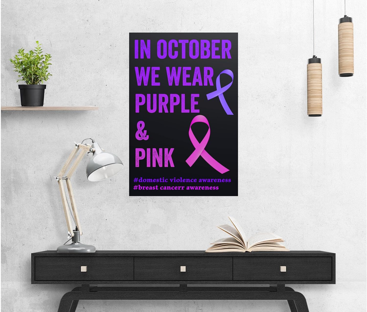 In October We Wear Purple and Pink Domestic Violence Art Print – Arte de pared para concientización sobre violencia doméstica, cinta morada,
