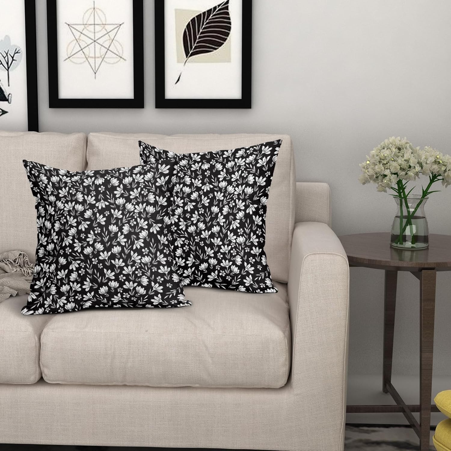 Juego de 2 fundas de almohada florales en blanco y negro de 20 x 20 pulgadas con estampado de bloques de flores vintage, margaritas de algodón y