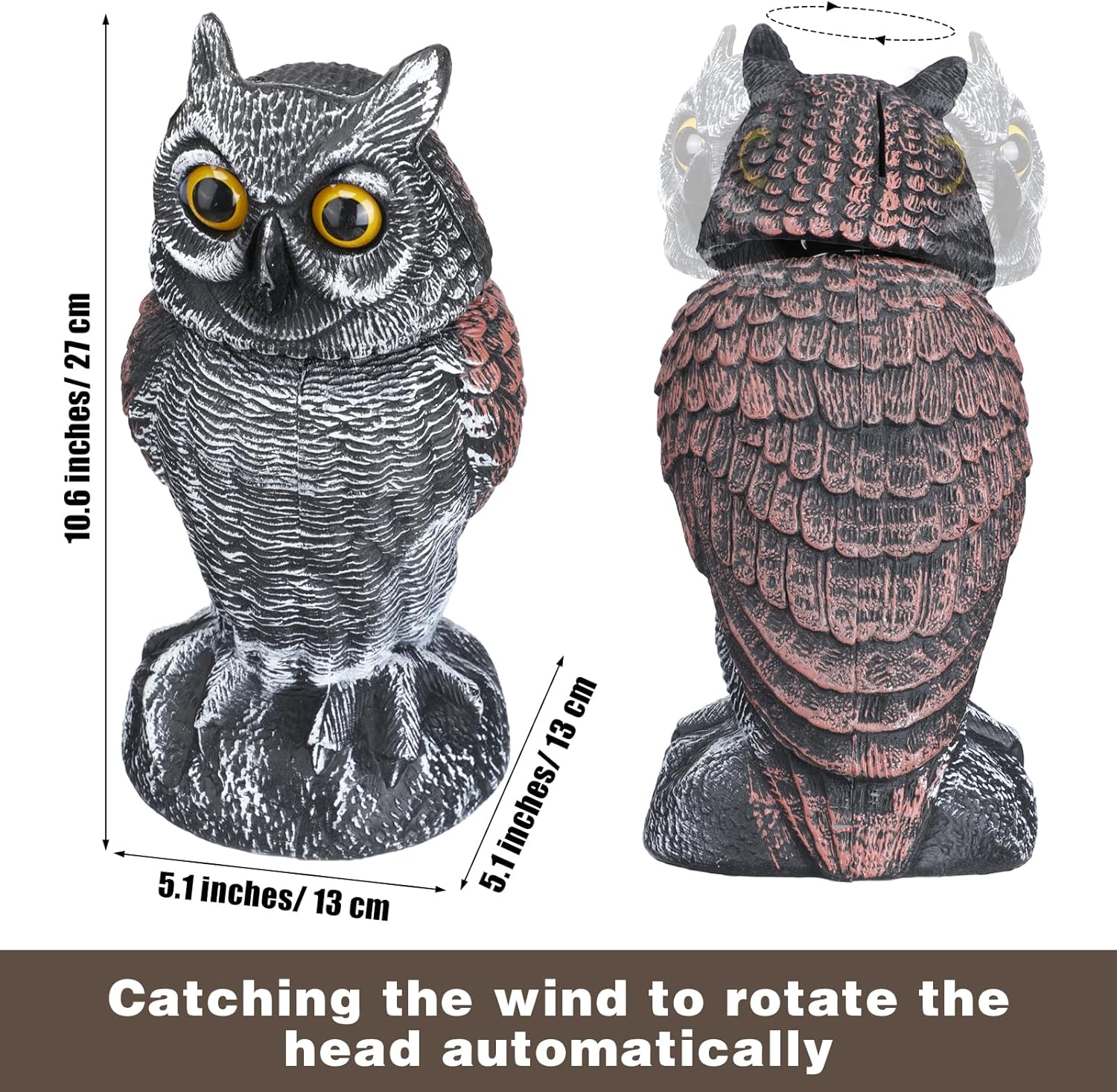 Paquete de 3 señuelos falsos de búho para asustar a los pájaros, cabeza giratoria de plástico, búho disuasorio, estatuas de espantapájaros para