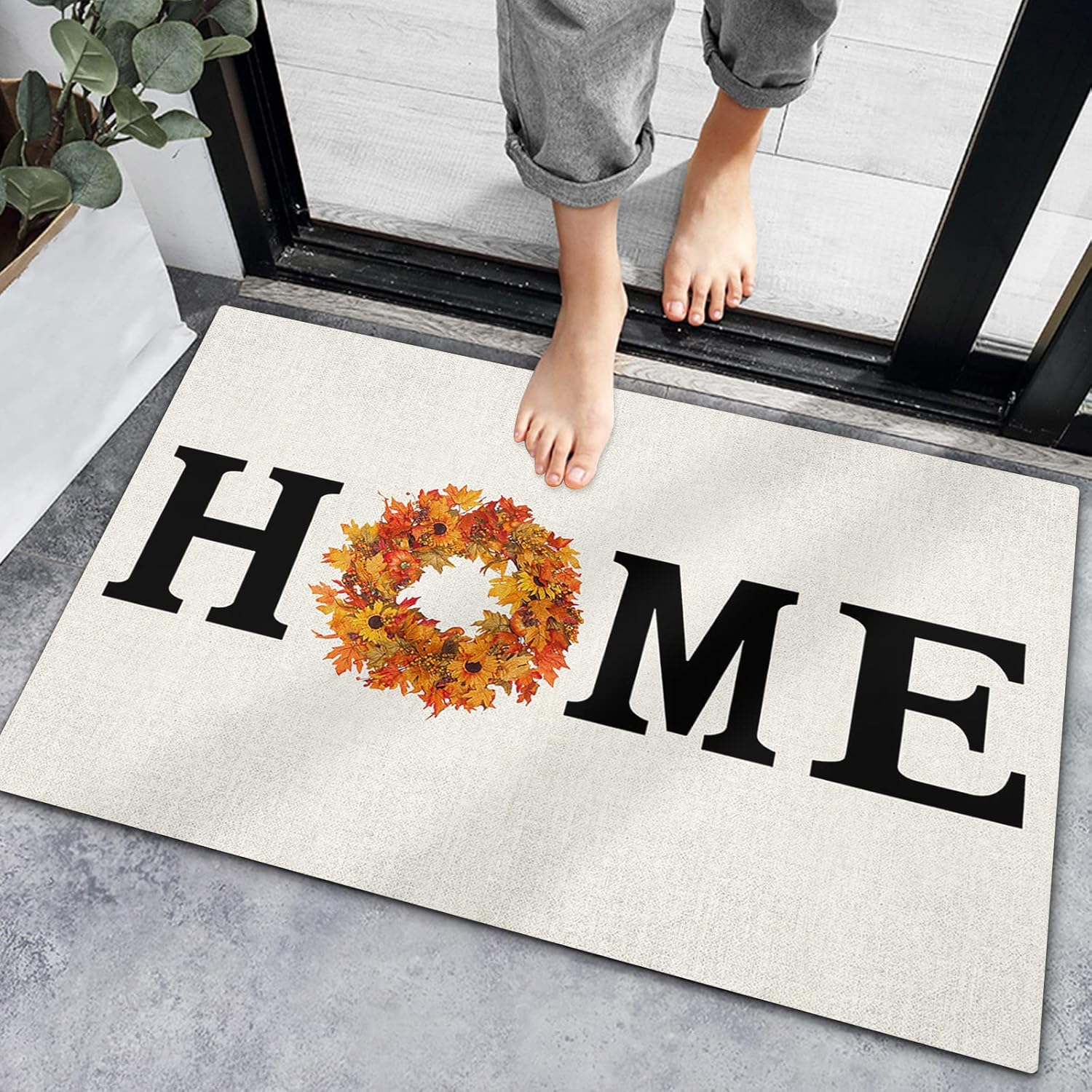 Bath Mat Non-Slip Indoor Doormats, Bath Rugs Thanksgiving Maple Leaves Wreath,Low-Profile Mats Kitchen Carpets for Home Bedroom Entrance Decor Black