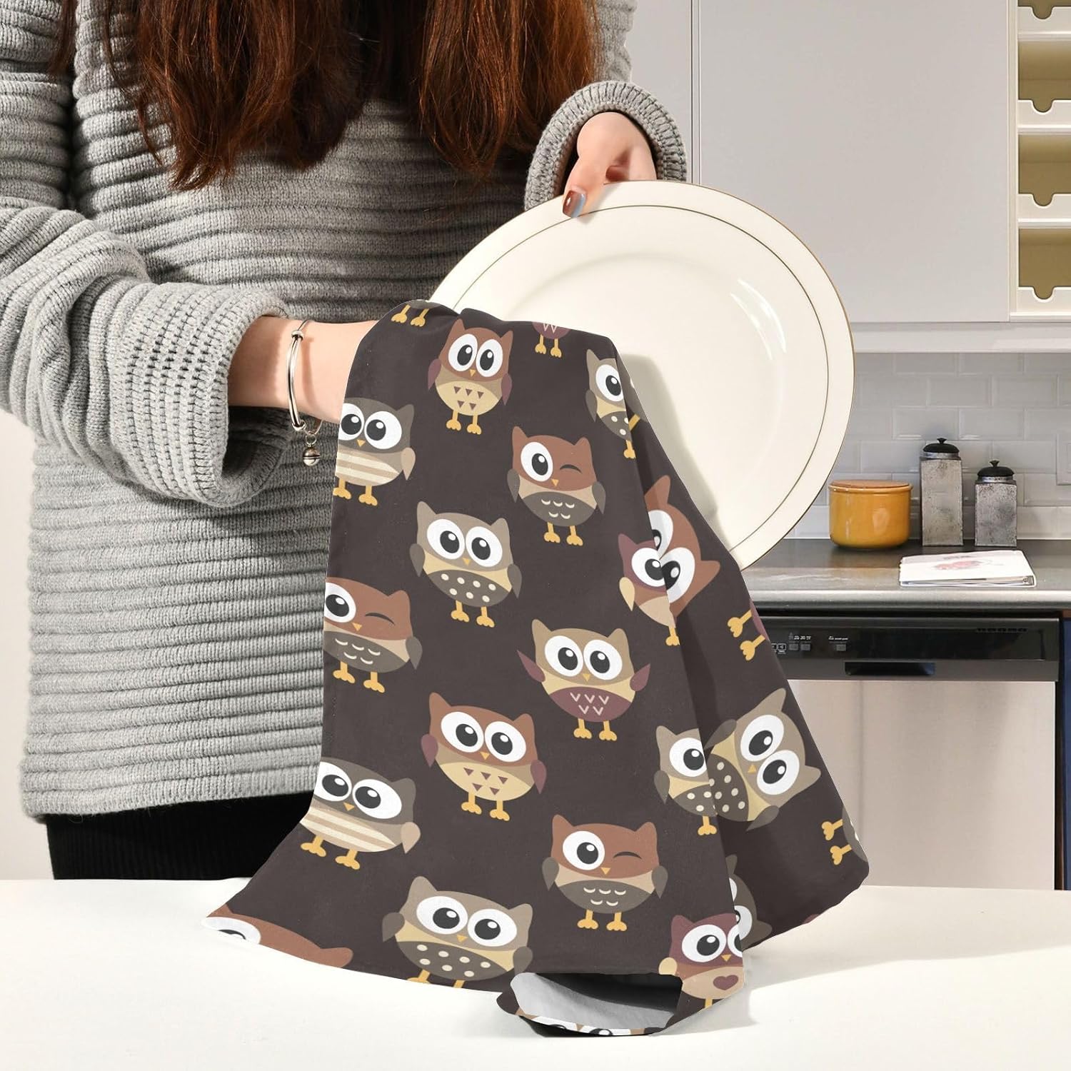 Owls – Toallas de cocina marrones, 18 x 28 pulgadas, paños de cocina súper suaves y absorbentes para lavar platos, paquete de 4 toallas de mano