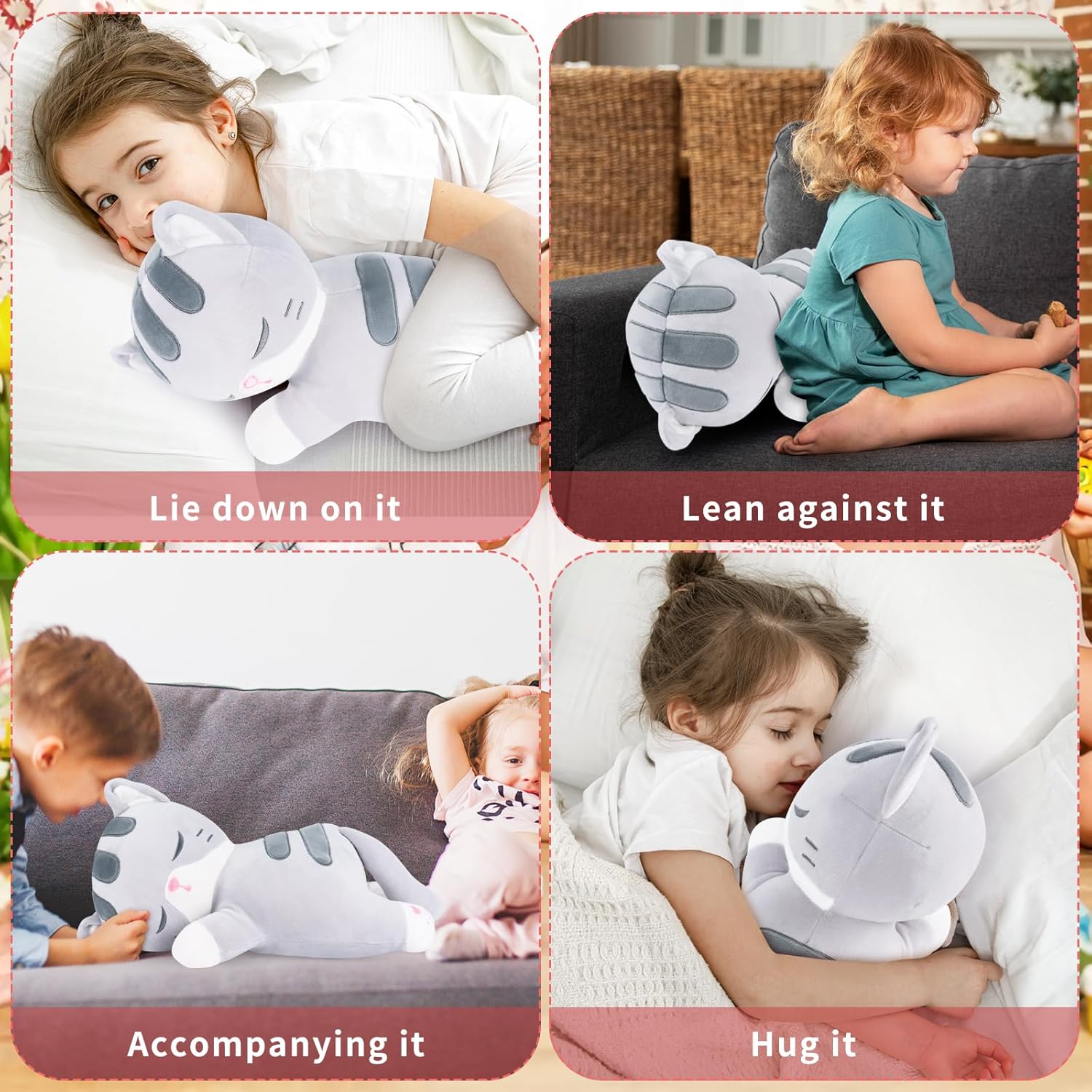Achwishap Peluche de gato, almohada de felpa de gato, almohada suave de peluche kawaii para abrazar, lindos juguetes de peluche para niños y