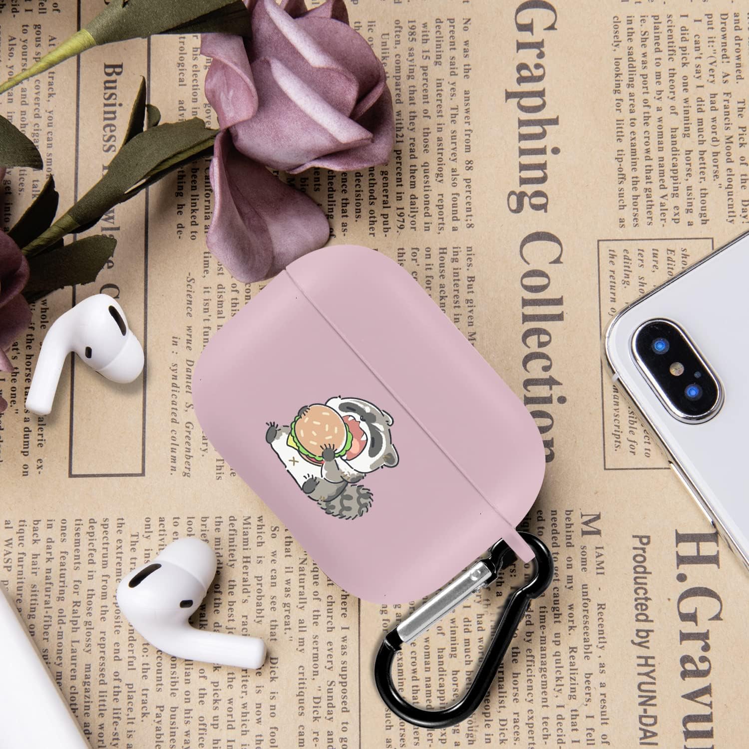 JOYLAND Cute Eat Raccoon Funda compatible con Airpods Pro Pink Soft TPU, soporta carga inalámbrica a prueba de golpes, funda protectora para Airpods