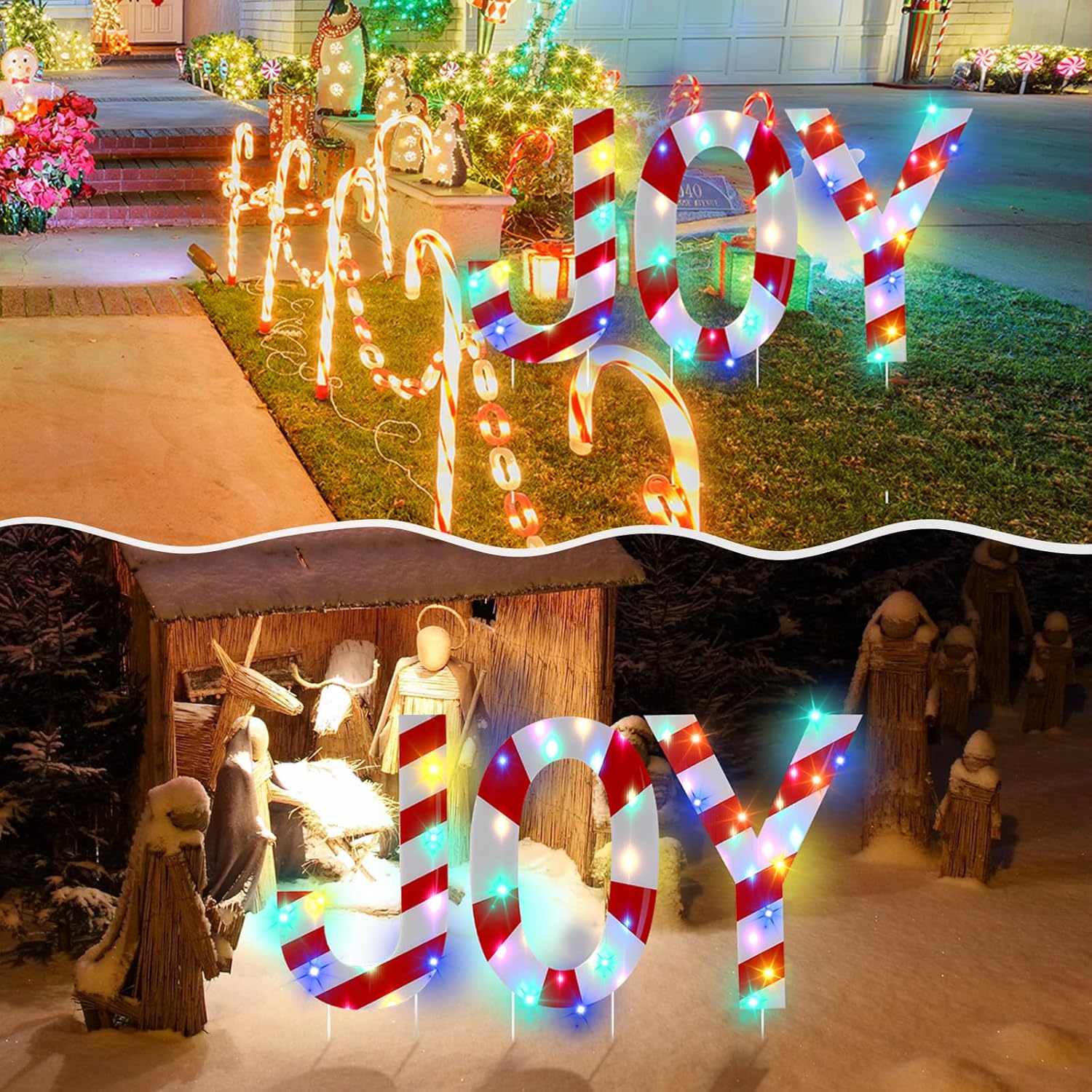 Letrero LED JOY de Navidad con estacas y luces, diseño de caramelo de menta roja, letrero LED JOY para patio, jardín, Candyland, Navidad, decoración