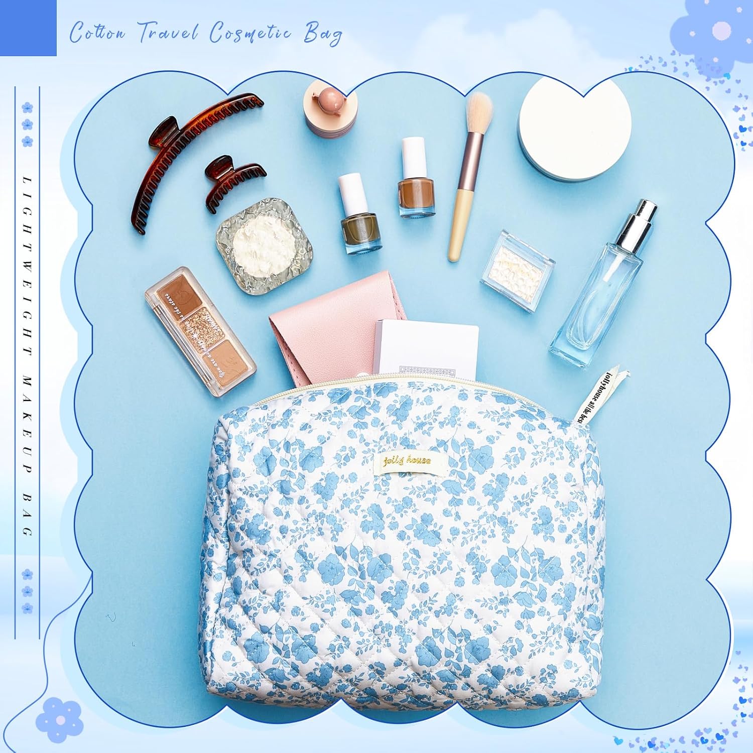 2 bolsas de maquillaje acolchadas de algodón, bolsa grande de viaje para cosméticos, estética, linda peonía floral, organizador de artículos de