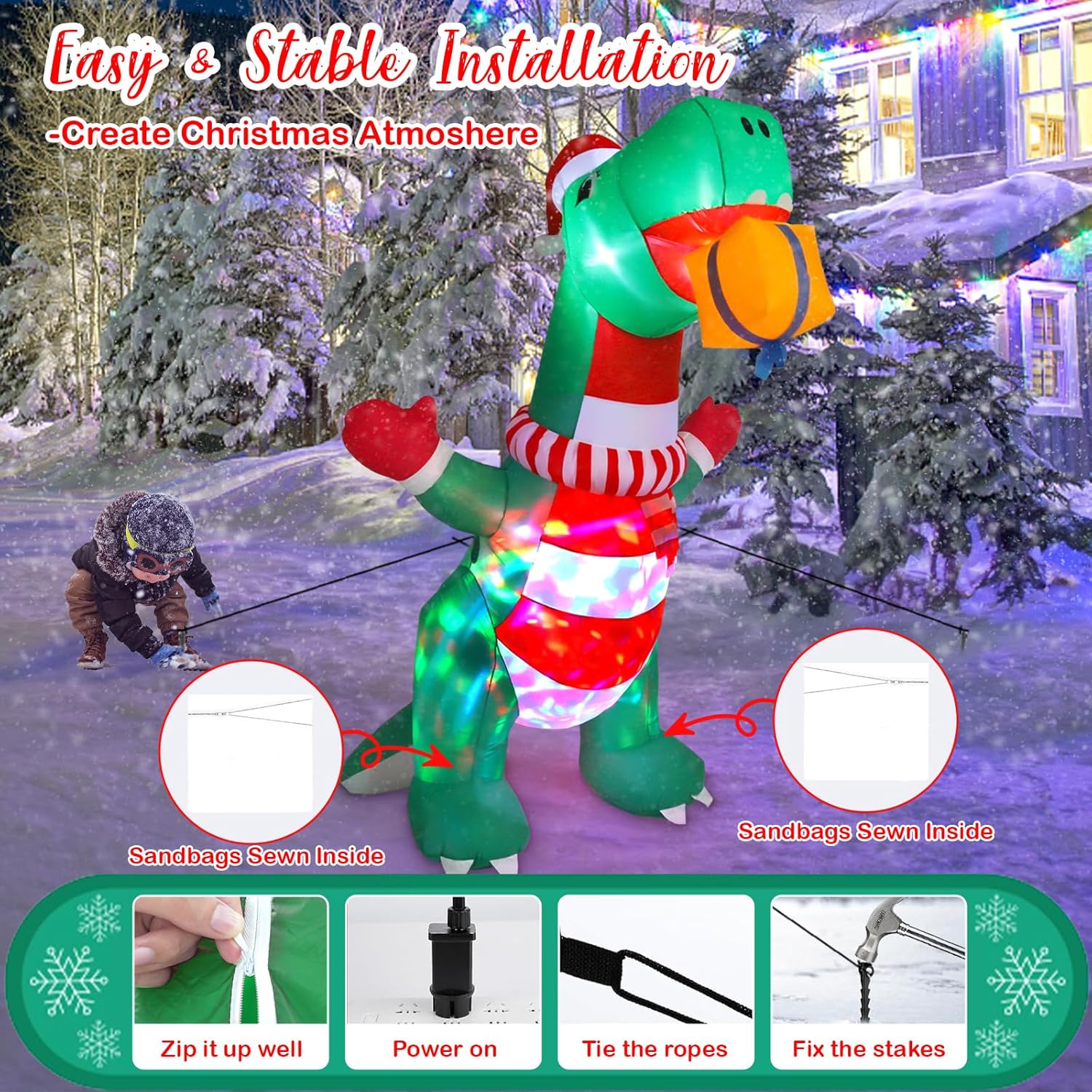 Inflables de Navidad de 8 pies para decoración al aire libre, dinosaurio inflable de Navidad, decoración de patio con sombrero de Navidad y caja de