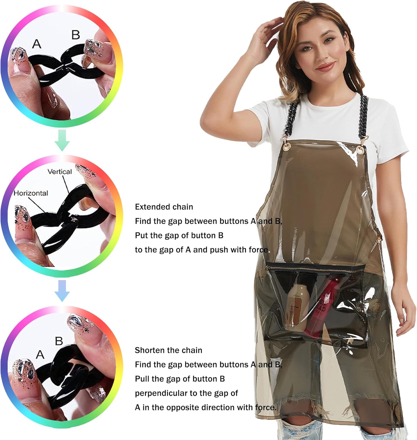 Delantal de peluquero con bolsillo, delantal transparente impermeable, talla única, cadenas ajustables