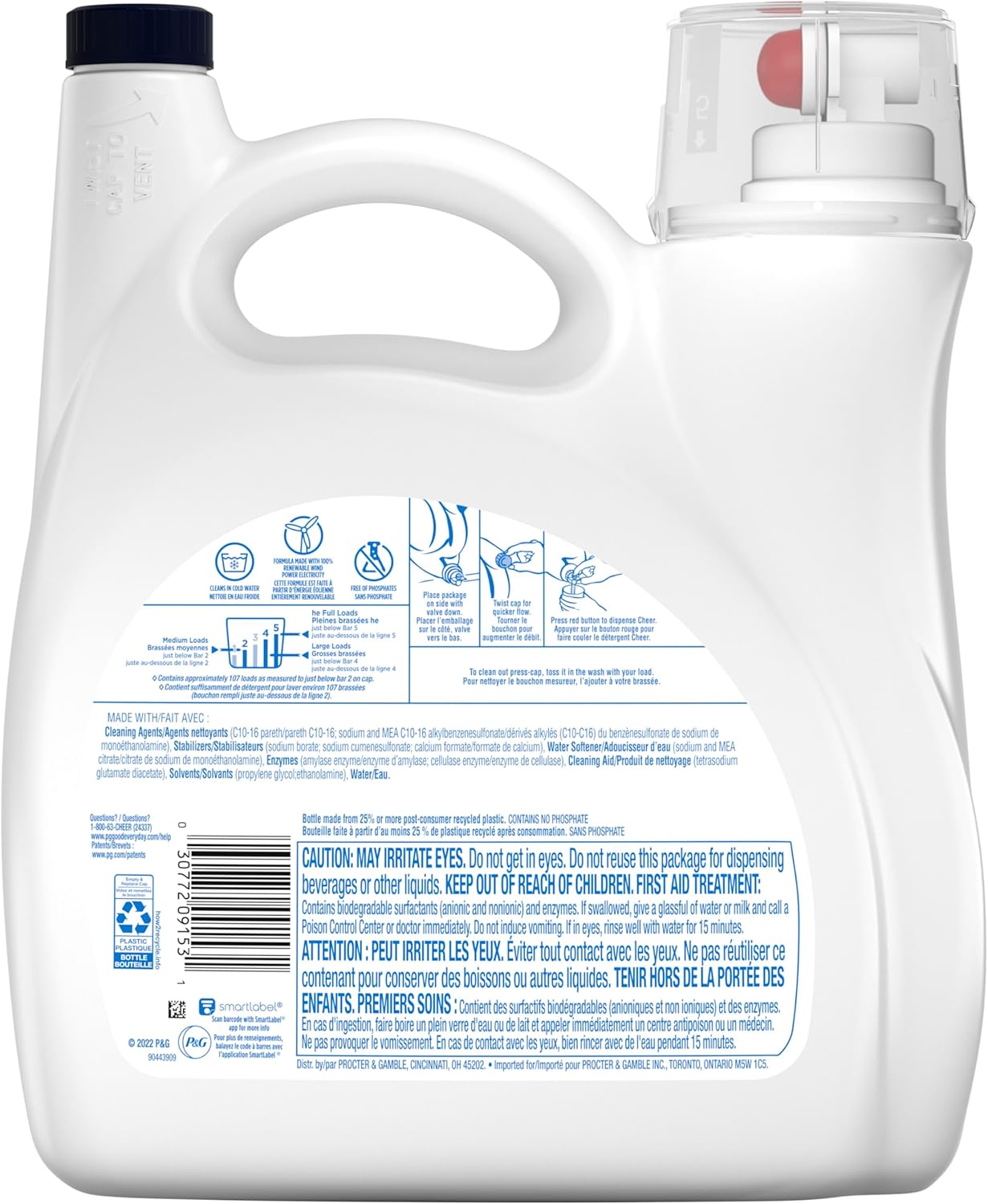 Cheer Detergente líquido para ropa libre, 107 carga, 154 fl oz