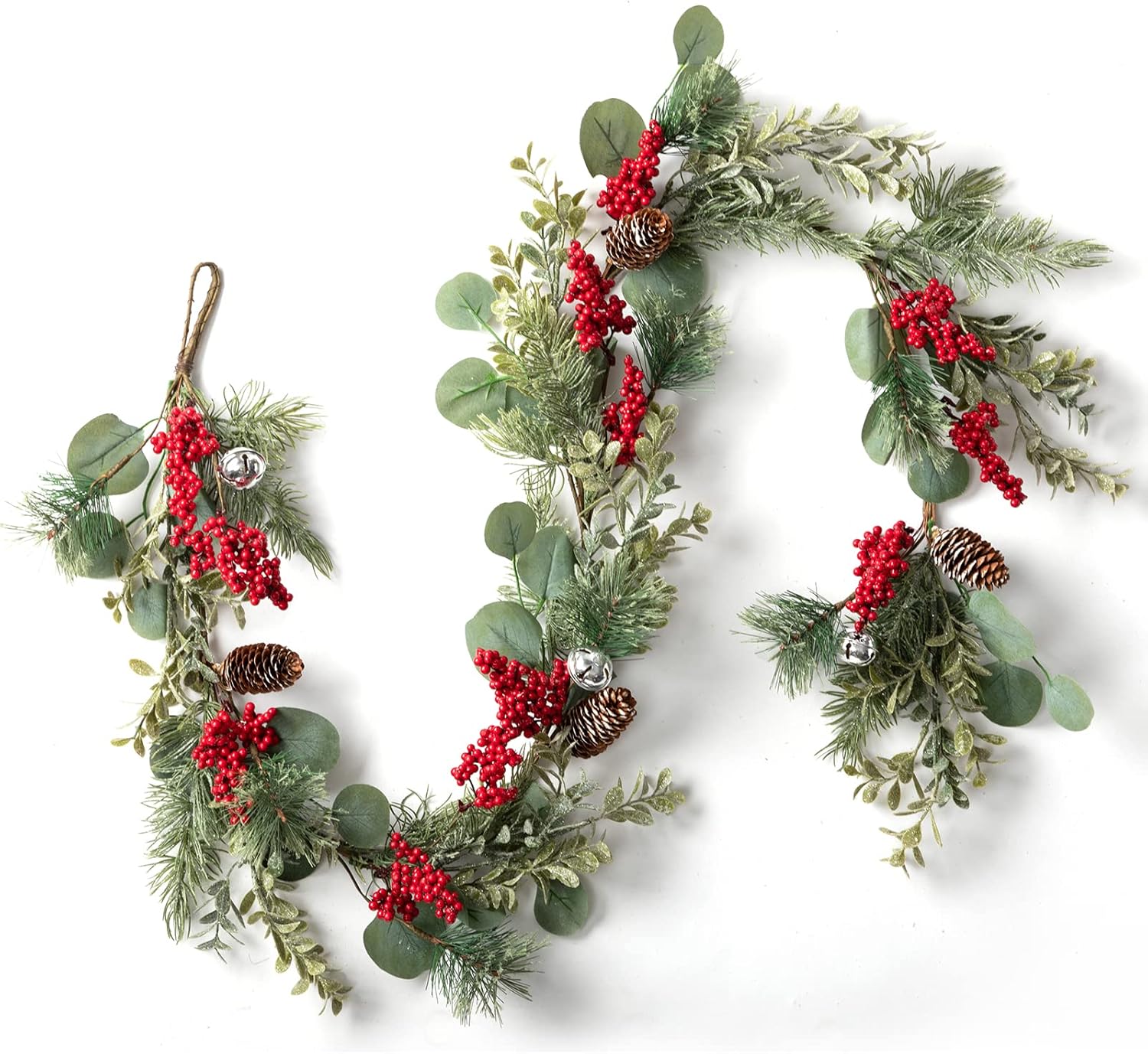 LOHASBEE Guirnalda de Navidad artificial, guirnalda de eucalipto de cono de pino de 5 pies con bayas rojas, campanas y purpurina verde para Navidad,