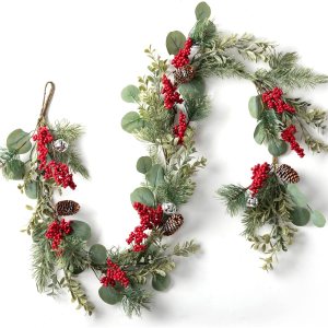 LOHASBEE Guirnalda de Navidad artificial, guirnalda de eucalipto de cono de pino de 5 pies con bayas rojas, campanas y purpurina verde para Navidad, LOHASBEE Guirnalda de Navidad artificial, guirnalda de eucalipto de cono de pino de 5 pies con bayas rojas, campanas y purpurina verde para Navidad,