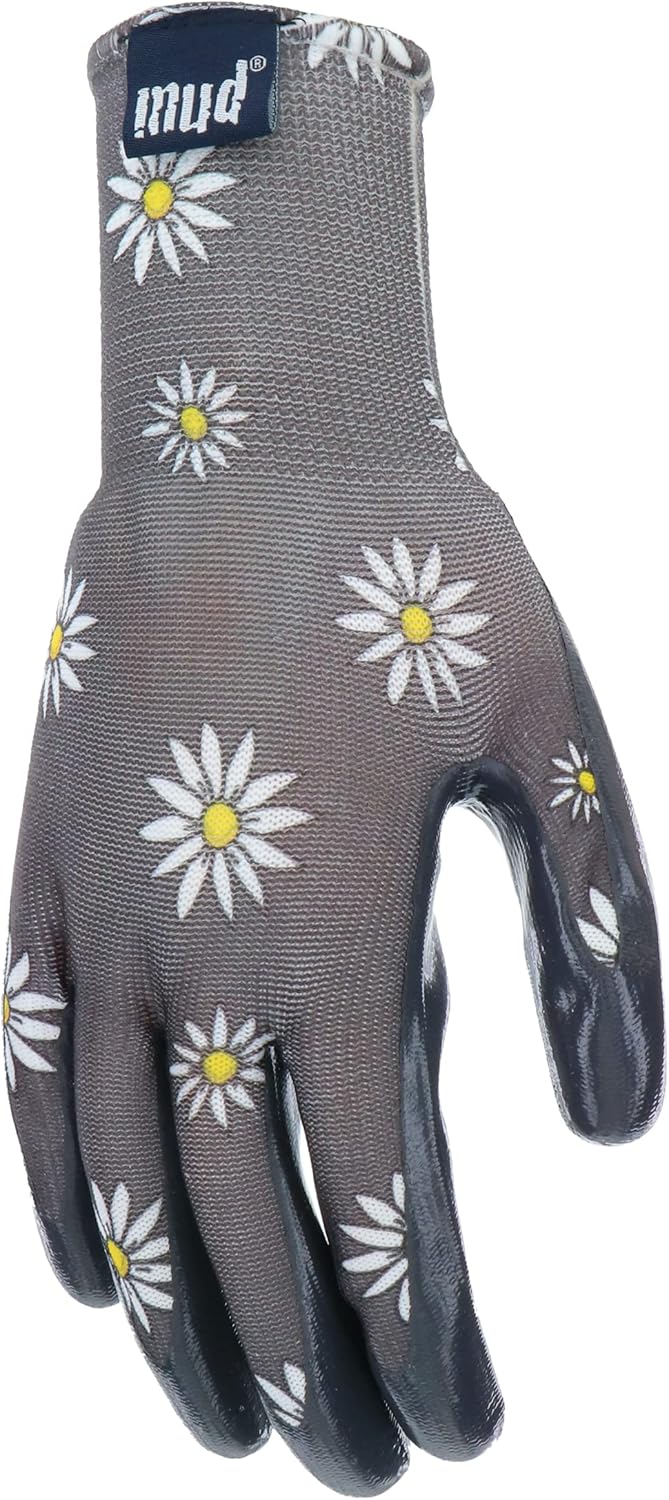 Mud Grip Women’s Daisy Printed Polyester Shell and Flat Nitrile Coated Palm Gardening Gloves,
