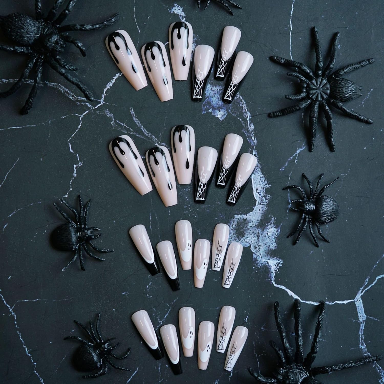 Uñas postizas a presión de Halloween, largas y cuadradas, con diseños de telaraña, fantasma, uñas acrílicas, uñas acrílicas negras con pegamento en
