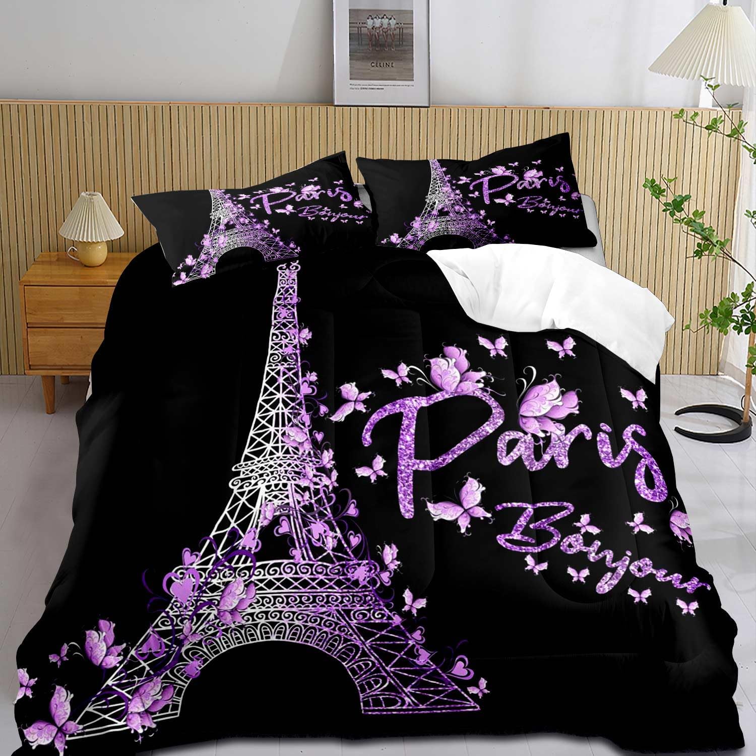 LUVIVIHOME Juego de edredón de París de 2 piezas, tamaño individual, edredón de mariposa morada, juegos de ropa de cama de la Torre Eiffel,