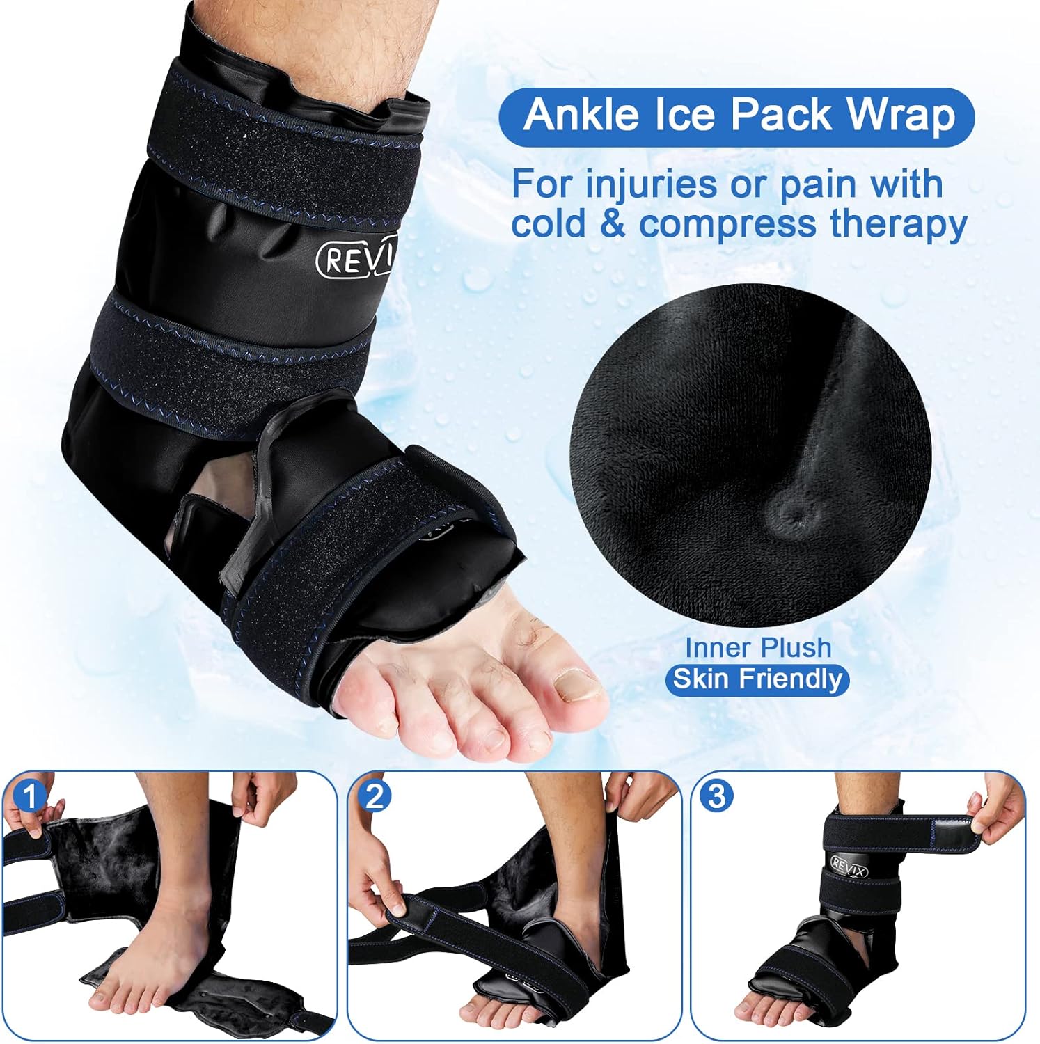 REVIX Bolsa de hielo para aliviar el dolor de tobillo y pies y envoltura de hielo de gel grande para piernas, cadera, muslo, rodilla y espinilla