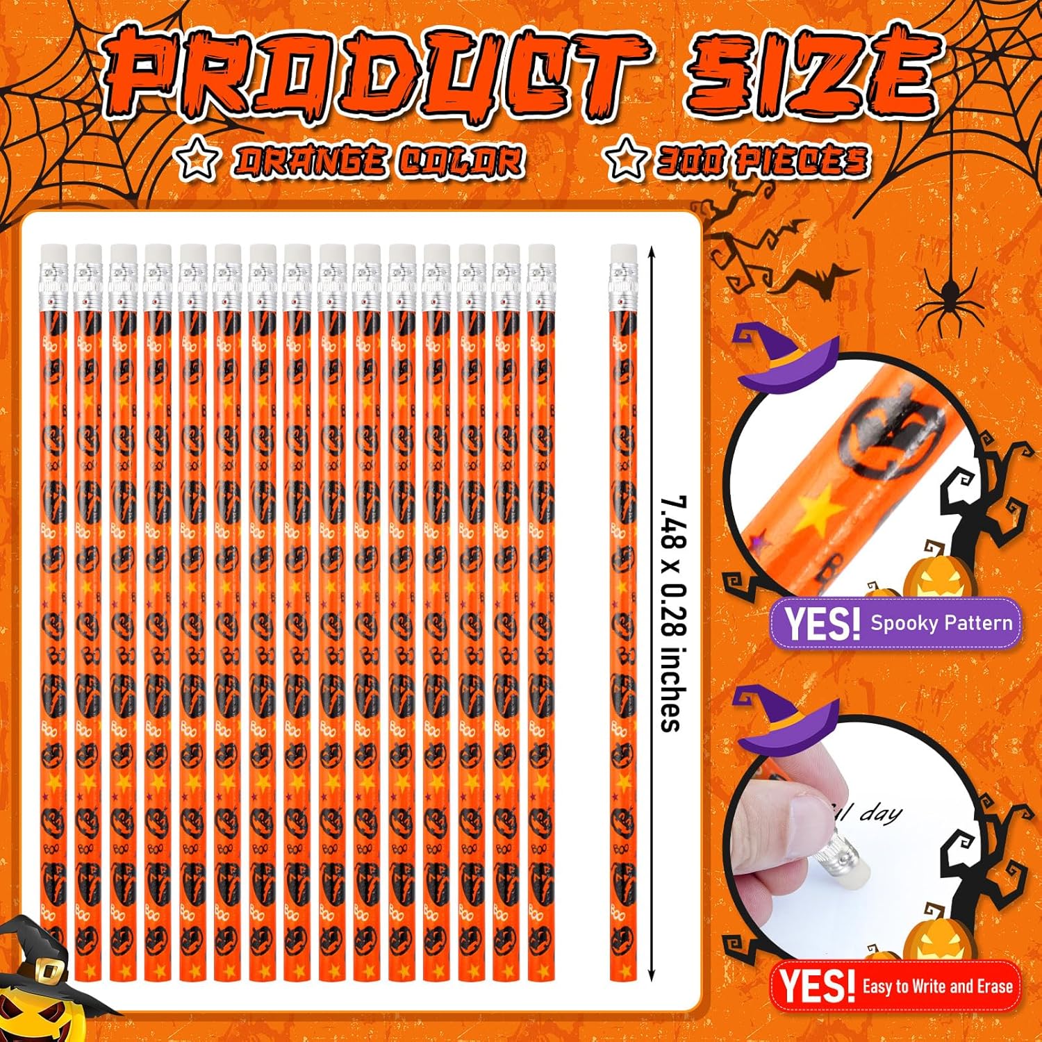 300 lápices de Halloween con borrador, cráneo, araña, fantasma, calabaza, lápices de madera con temática de Halloween, lápices de dibujo de madera