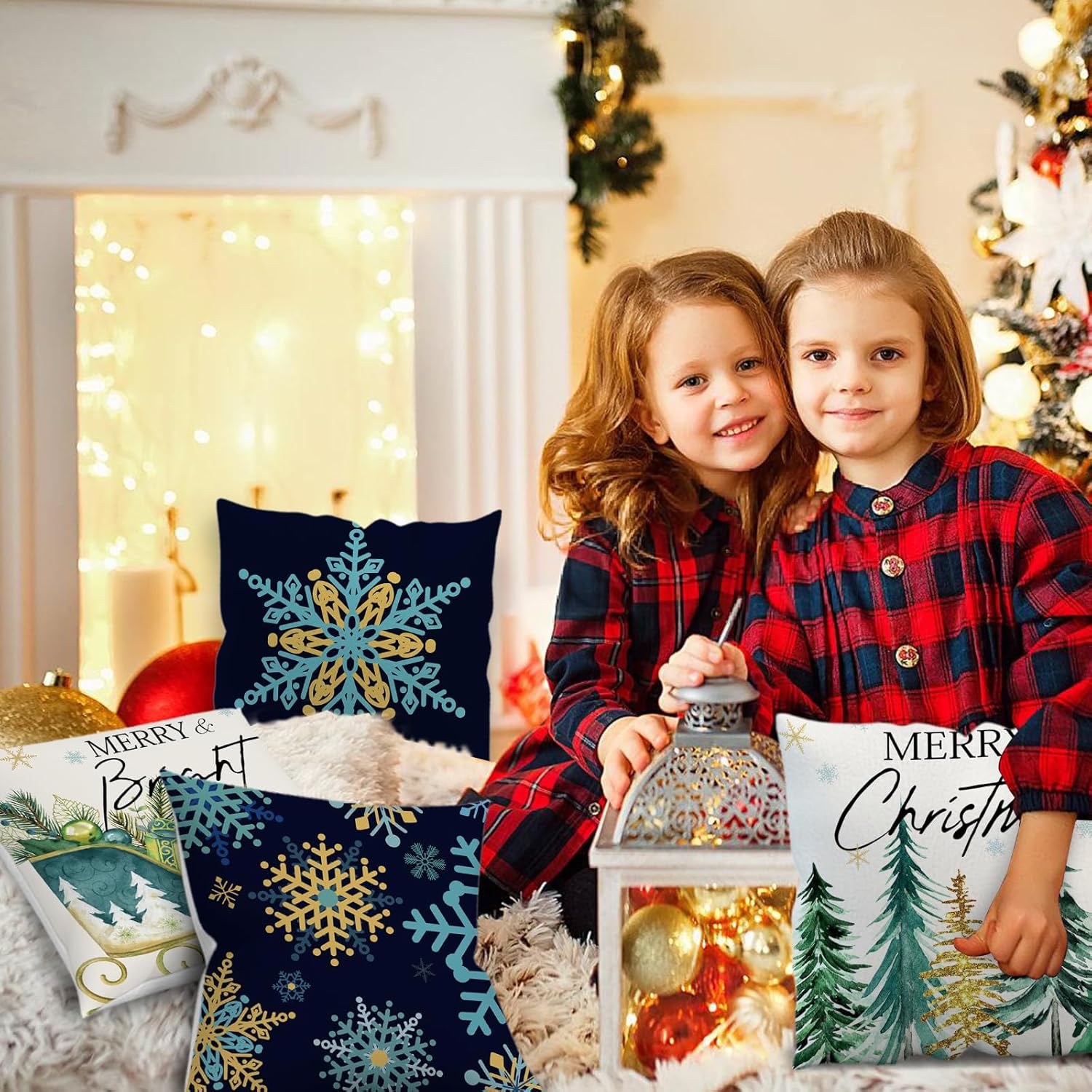 APROPHIC Juego de 4 fundas de almohada de árbol de Navidad de 18 x 18 pulgadas, decoración del hogar, Navidad, eucalipto, camión, copos de nieve