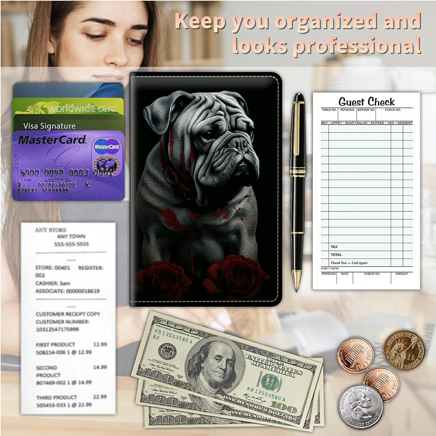 Libros para camarera con bolsillo con cremallera, almohadillas de cuero Bulldogs (5 x 8 pulgadas), organizador de meseros, presentadores de cheques