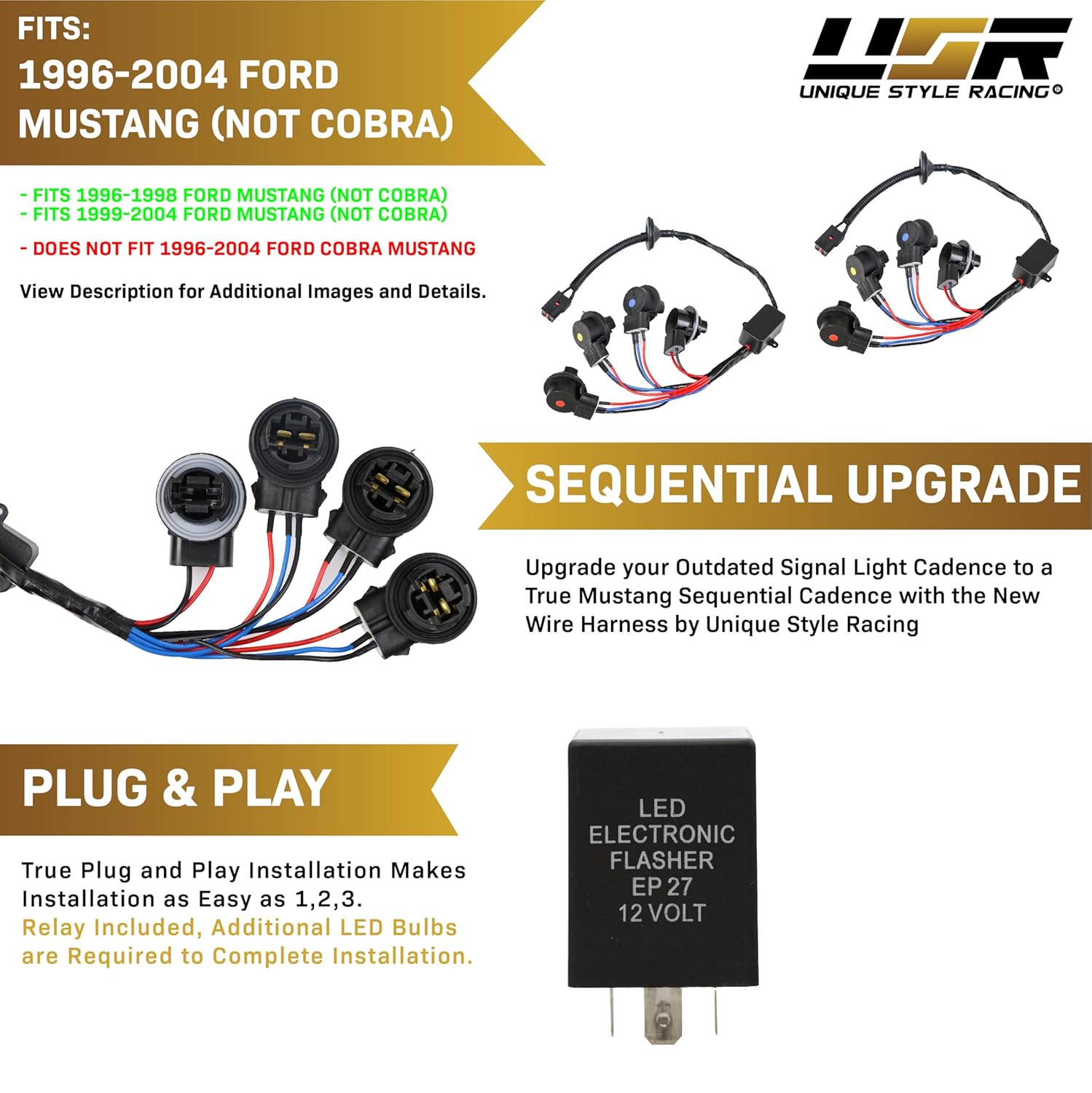 USR 96-04 V6GT Plug and Play Juego de arnés de cable de luz trasera Activación para función de señal secuencial (izquierda + derecha) – Compatible