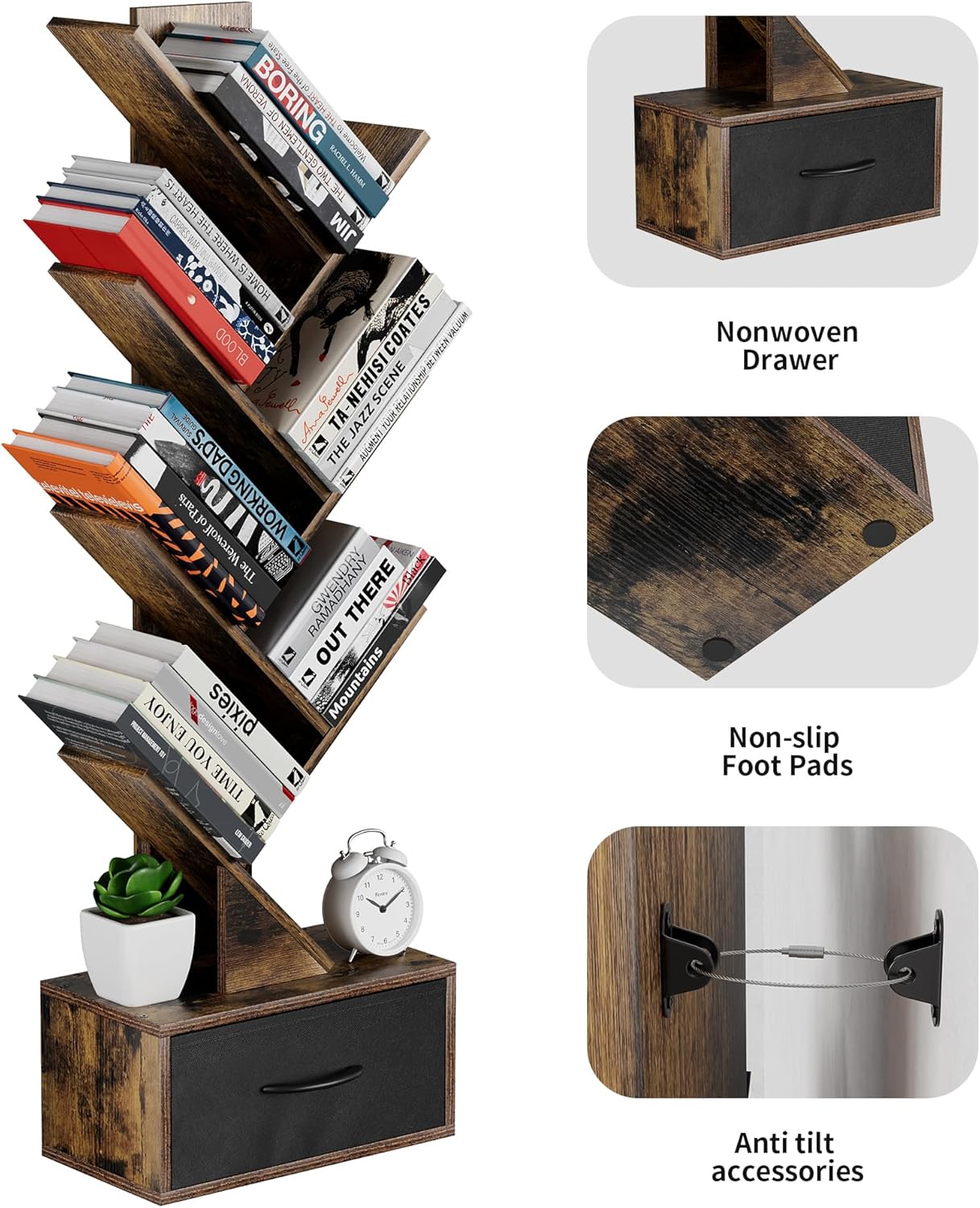 Egepon Estantería de árbol de 6 niveles con cajón, estante rústico marrón para libros, estante de almacenamiento de pie para CDs, películas, libros,