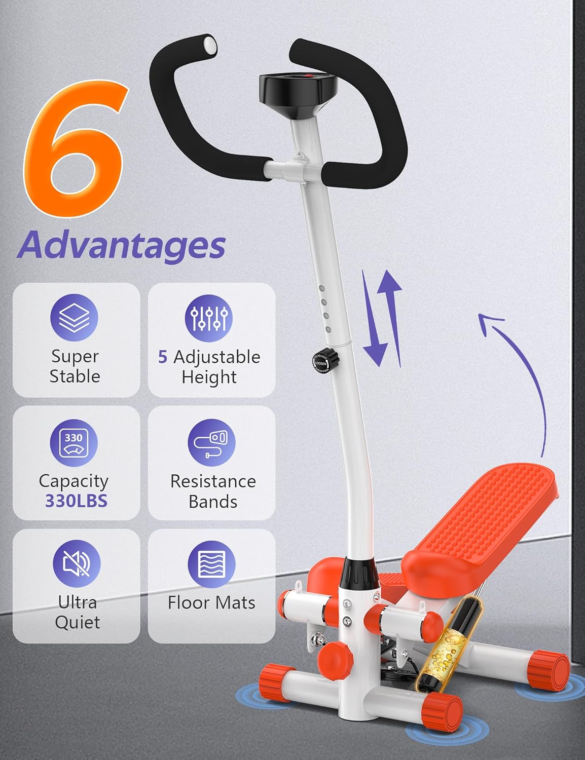 Amicus Mini Stepper for Exercise, Adjustable Pedal Height Hydraulic Stair Stepper with Resistance Bands for Home with Digital Monitor, 330lbs Weight