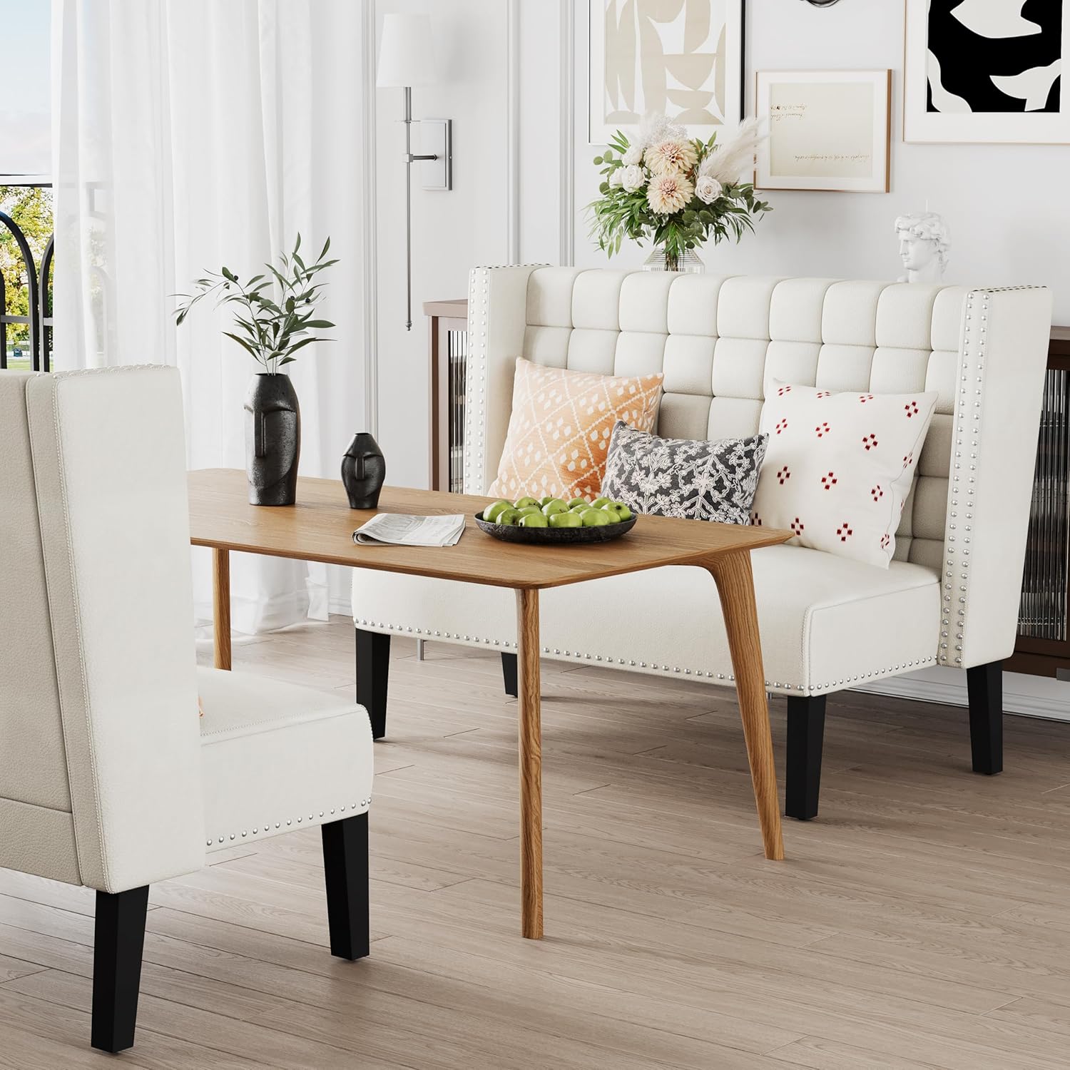 Andeworld Moderno sofá biplaza, banco tapizado de comedor con respaldo para comedor, sala de estar, pasillo o asiento de entrada, color blanco