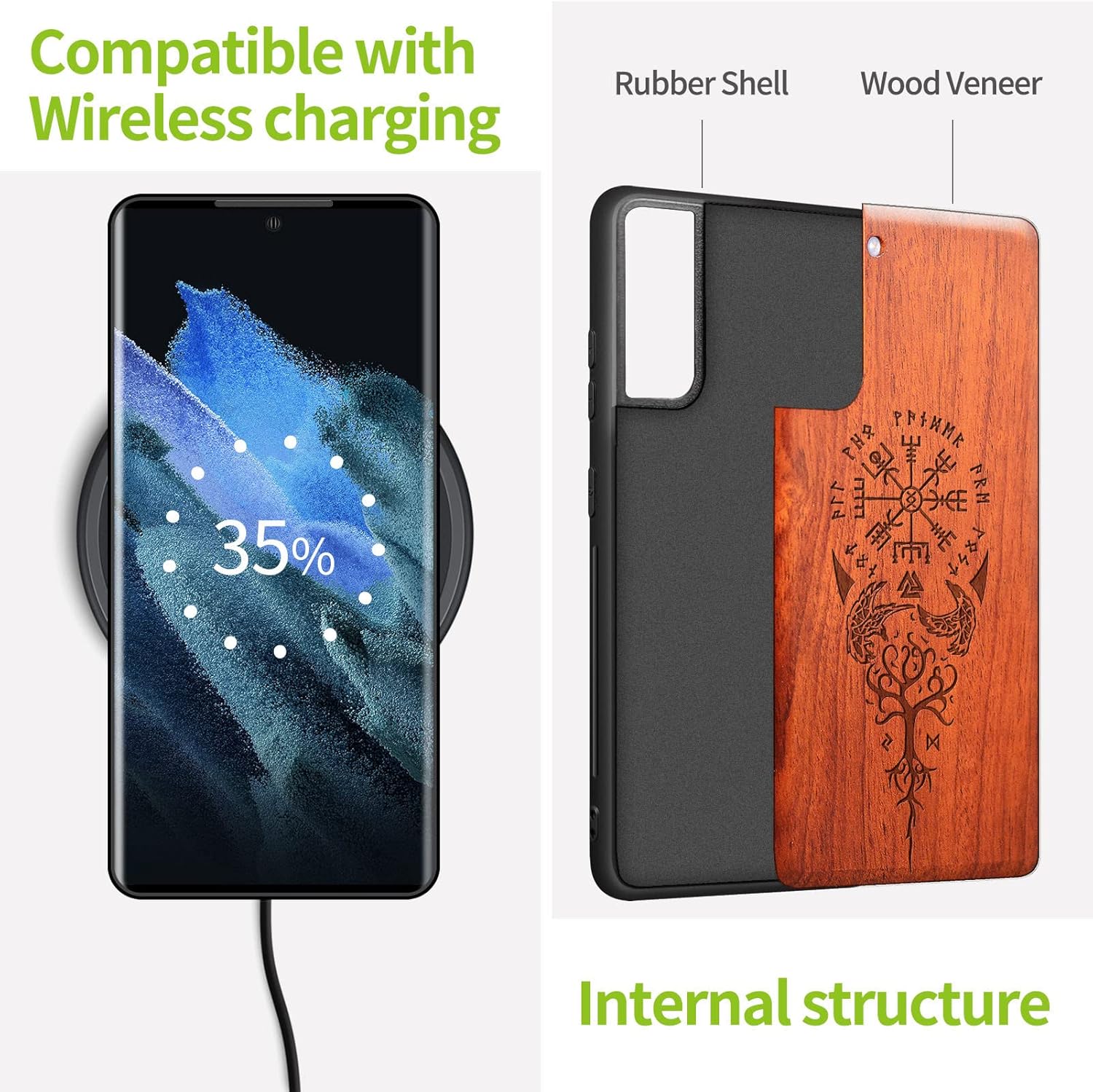 Carveit Funda de madera para Galaxy S21 FE madera real dura y TPU suave a prueba de golpes, funda protectora única y elegante de madera compatible