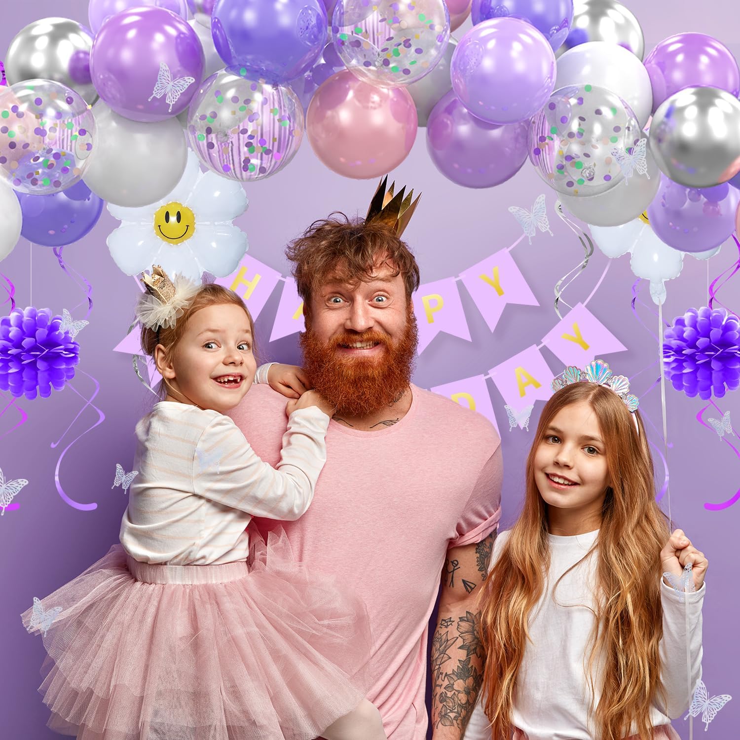 Decoraciones de cumpleaños rosa y morado para niñas, decoraciones de fiesta de feliz cumpleaños para mujeres, cortina de flecos morados, pancarta de