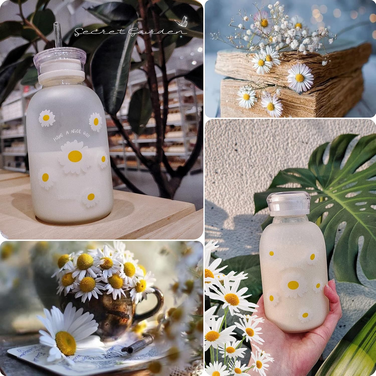 Milk Juice – Lindas botellas de agua estéticas lindas para mujeres, botella de agua portátil de vidrio esmerilado Kawaii Little Daisy con popote y 2