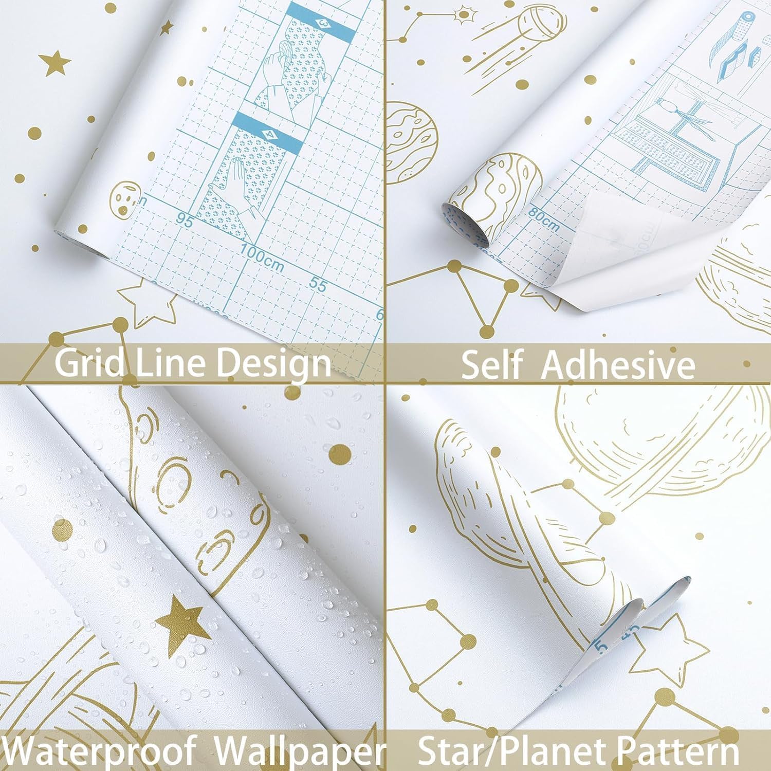 Papel tapiz de estrellas para despegar y pegar, papel tapiz dorado y blanco, con patrón de luna, autoadhesivo, impermeable, papel de contacto, lindo