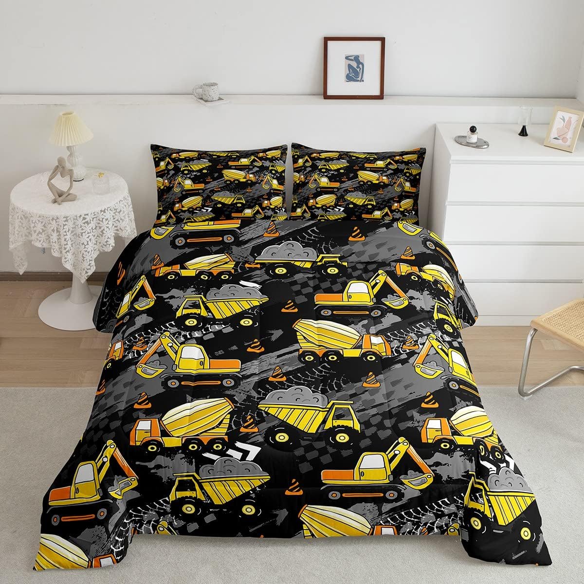 Manfei Juego de edredón de camión para niños, tamaño individual, juego de ropa de cama de tractor de excavadora amarilla, 2 piezas para niños,
