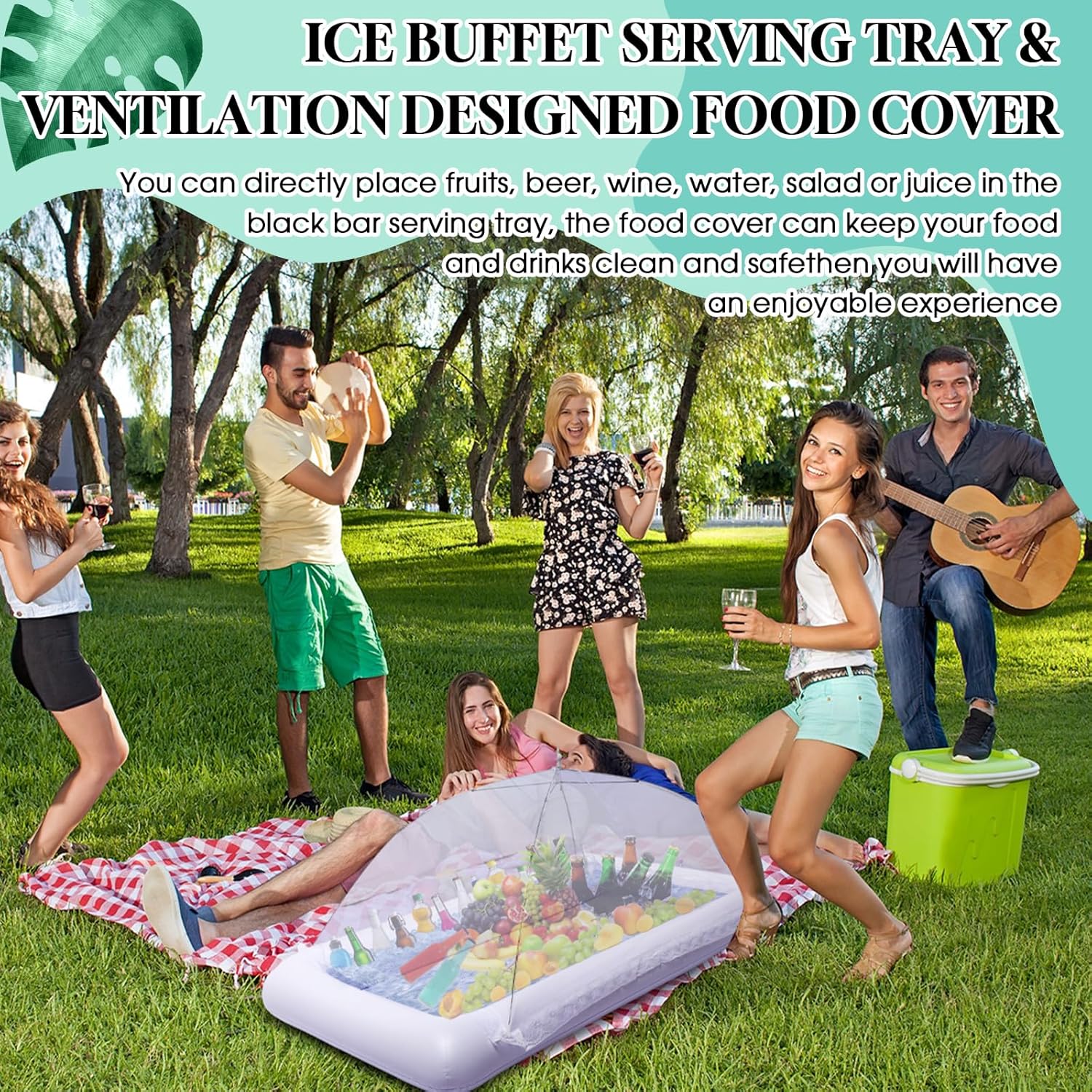Leitee Kit de barra inflable para servir incluye bandeja de buffet de ensalada con tapón de drenaje, cubierta de malla para alimentos, bebidas,