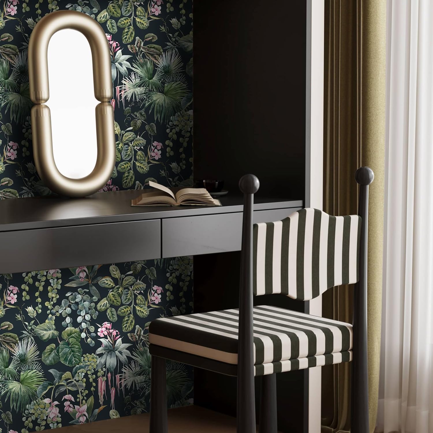 Ismoon Papel tapiz floral oscuro para despegar y pegar, papel tapiz tropical, papel de contacto verde, papel de contacto verde, papel tapiz de