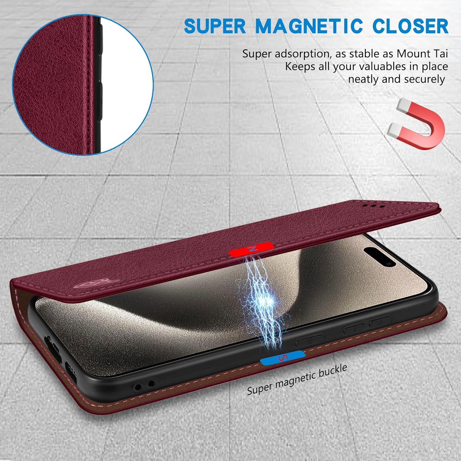ZZXX Funda tipo cartera para iPhone 15 Pro Max con bloqueo RFID, soporte de ranura para tarjetas, funda protectora de cuero magnético fuerte para