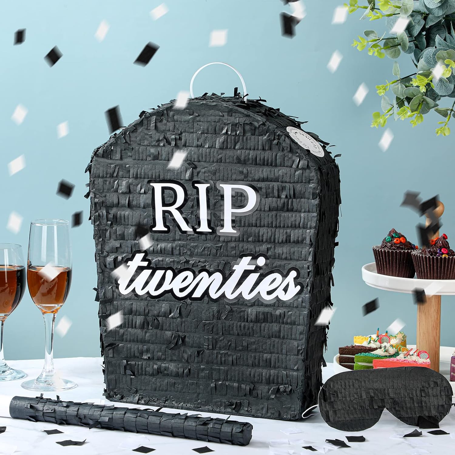Sratte Rip Twenties Piñata divertida de 10 x 14.8 x 2.7 pulgadas, piñata funeraria con palo para los ojos vendados y papel de confeti, se adapta a