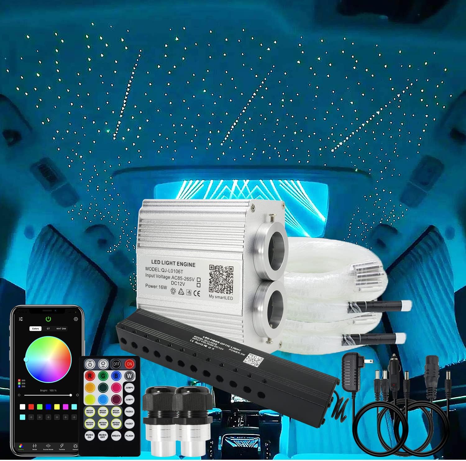 AKEPO – Kit de luz musical RGBW de 16 W, parpadeante, estrella fugaz, de cabezal doble, fibra óptica, controlada a través de aplicación, para el