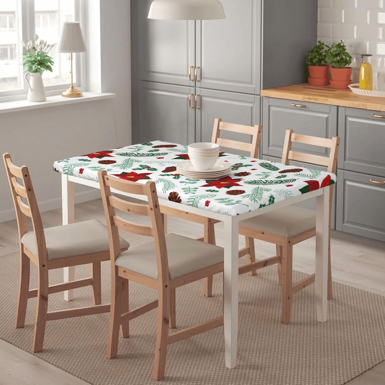 QALFKAD Manteles ajustables de Navidad rectangulares de 5 pies, diseño de flores de invierno, bayas y ramitas con borde elástico, mantel