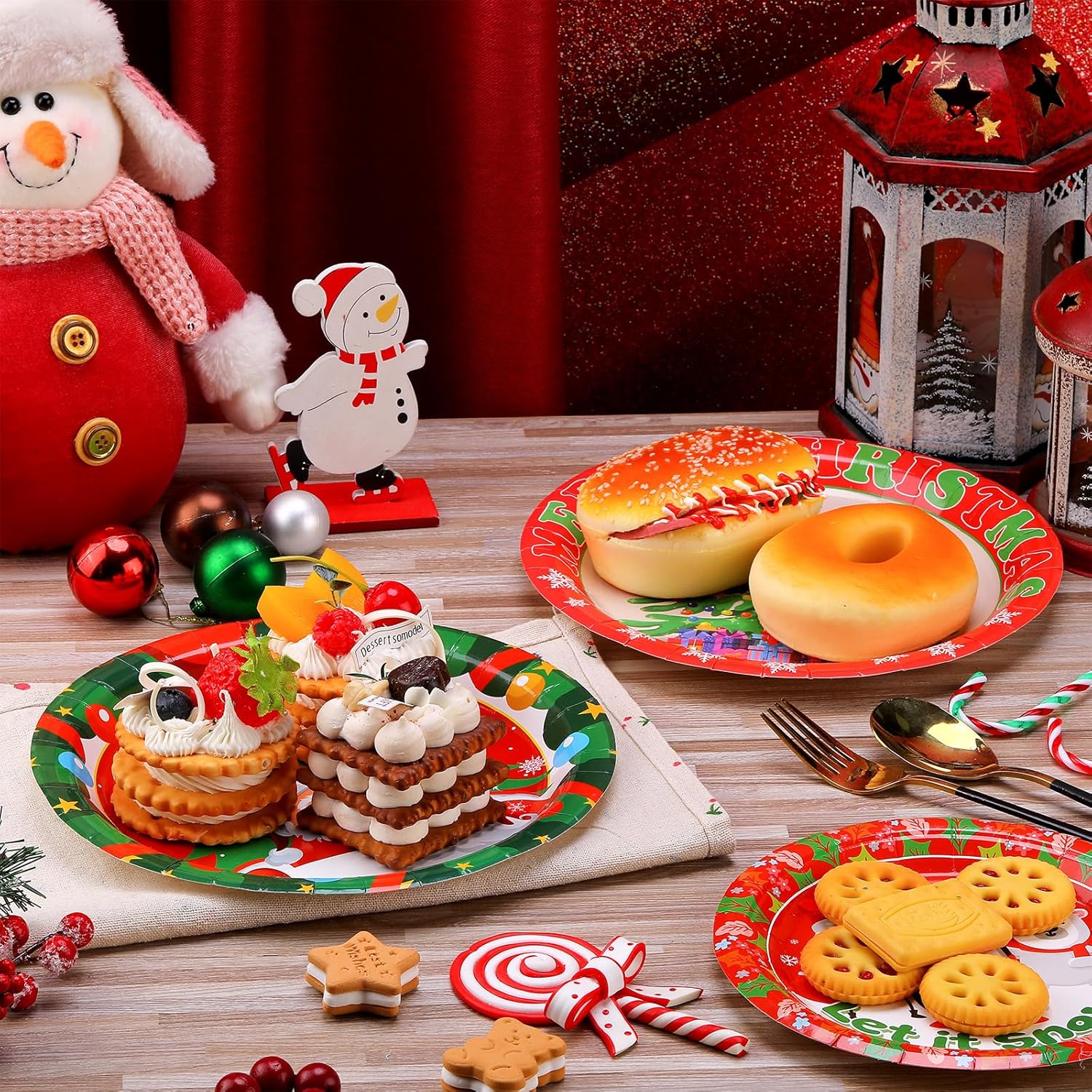 100 platos de papel de Navidad, redondos, desechables, suministros de fiesta de Navidad con colorido diseño de árbol de Papá Noel, alce, muñeco de