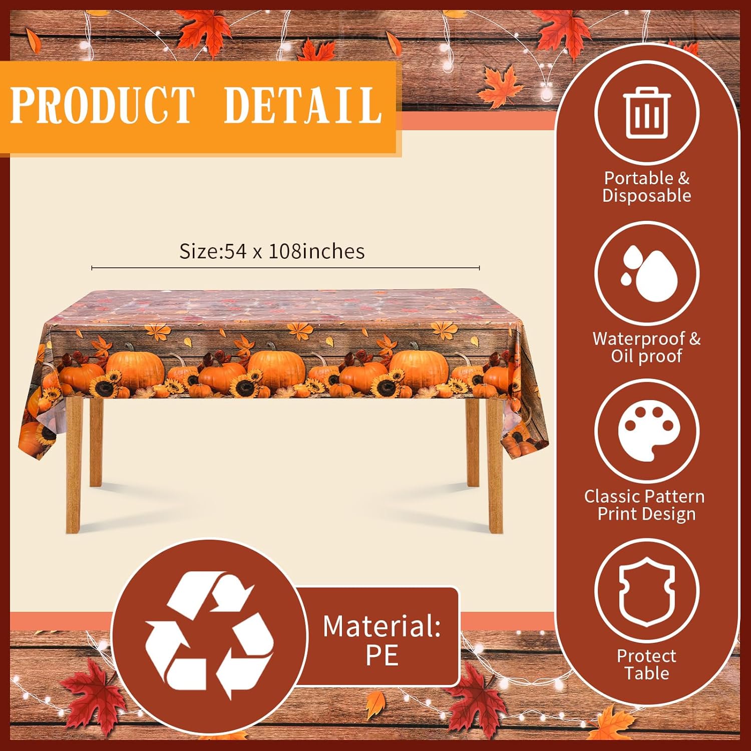 Hosuly 3 manteles de otoño, mantel de plástico desechable con calabaza de Acción de Gracias, funda de plástico para mesa, rectangular, calabaza,