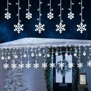 Luces de copo de nieve de Navidad para exteriores, 17.22 pies, 264 luces LED de carámbano de copo de nieve con 22 gotas, 8 modos conectables, luz de Luces de copo de nieve de Navidad para exteriores, 17.22 pies, 264 luces LED de carámbano de copo de nieve con 22 gotas, 8 modos conectables, luz de
