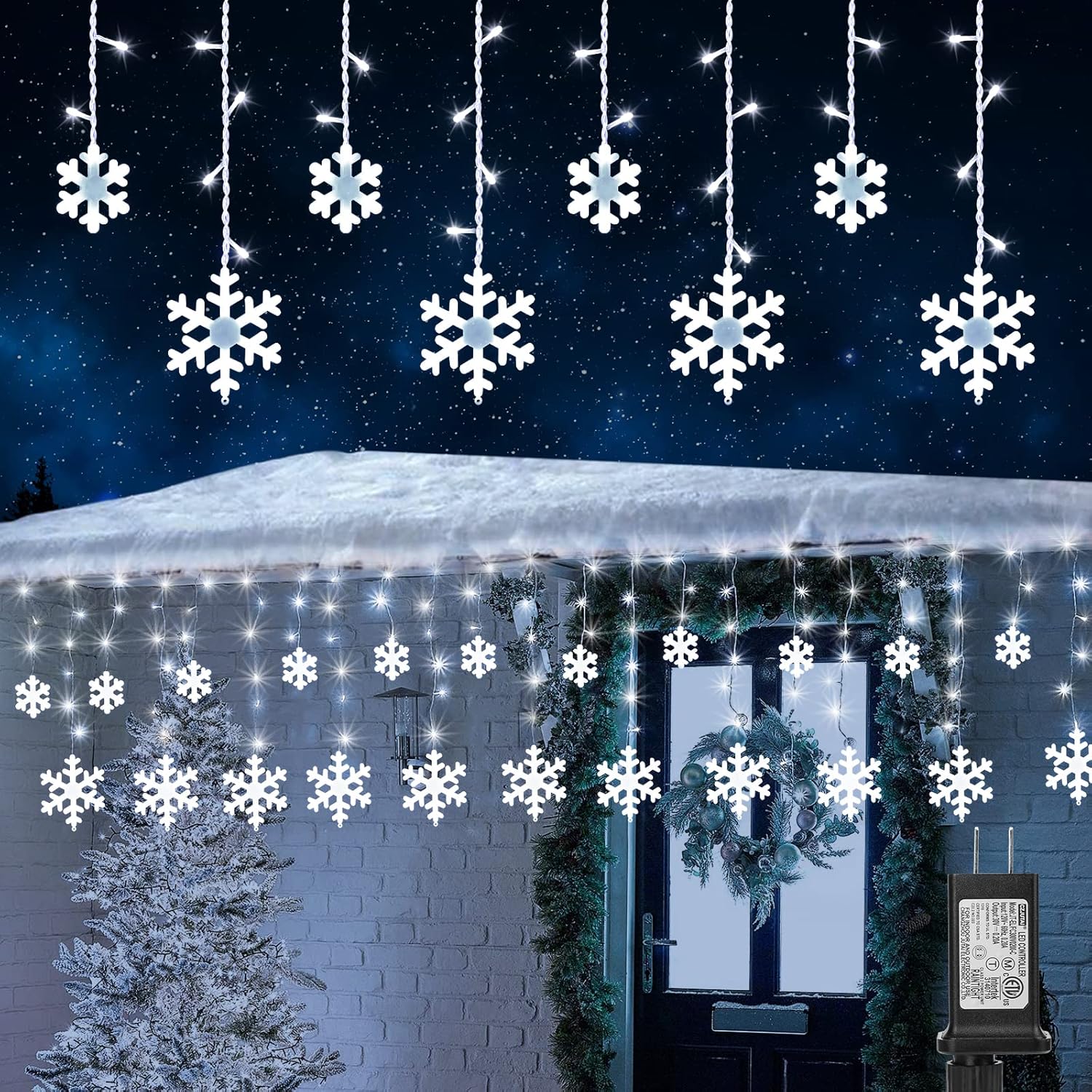 Luces de copo de nieve de Navidad para exteriores, 17.22 pies, 264 luces LED de carámbano de copo de nieve con 22 gotas, 8 modos conectables, luz de