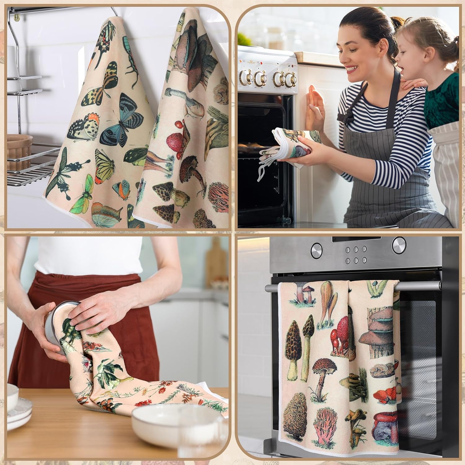 Kajaia 4 toallas de cocina vintage con hongos del bosque, paños de cocina con flores silvestres, toallas de mano con plantas de mariposa, toalla