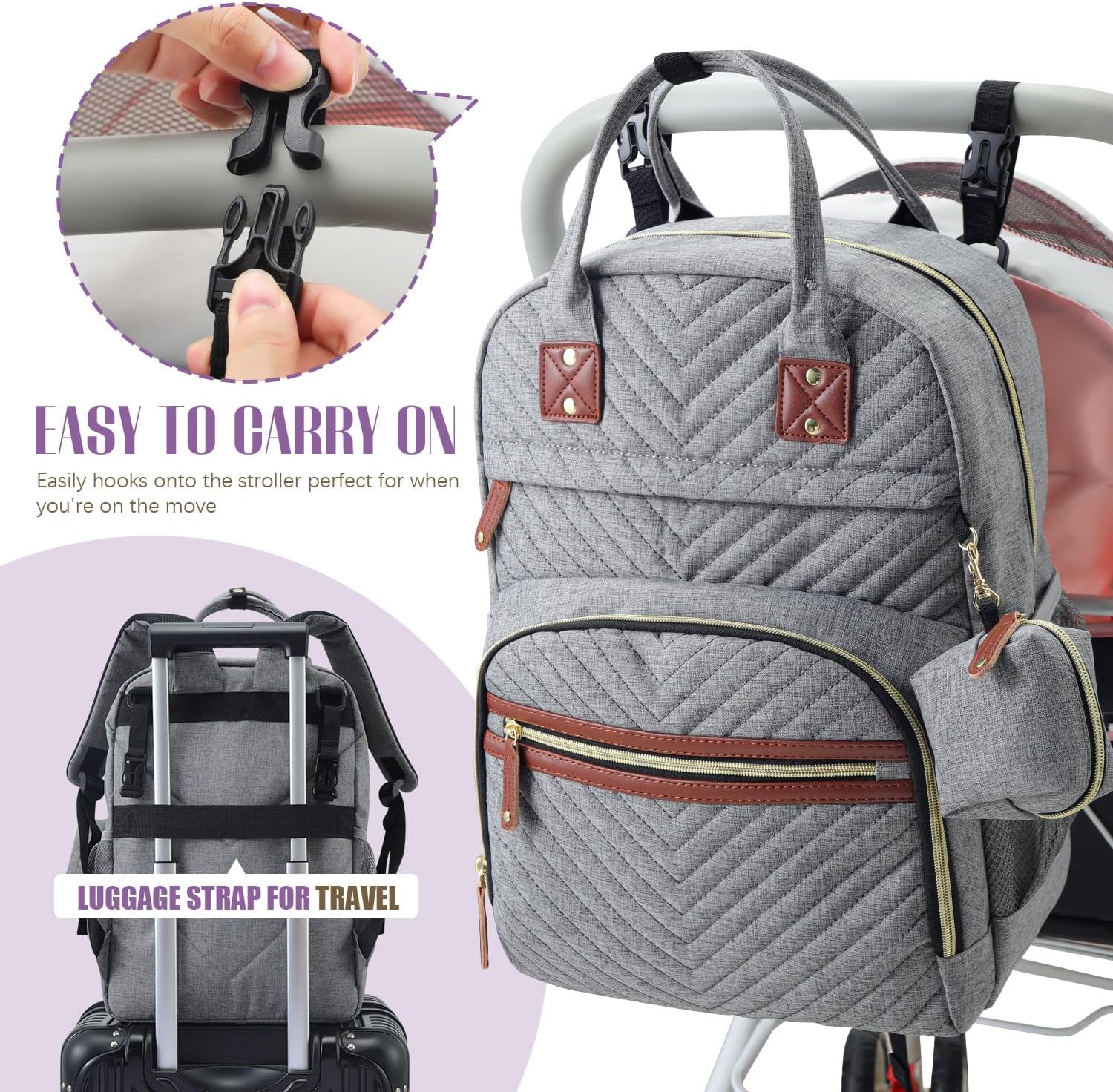 Mochila para pañales, esenciales para bebés, mochila impermeable multifunción con correas para cochecito y estuche para chupete, Gris, Mochilas de