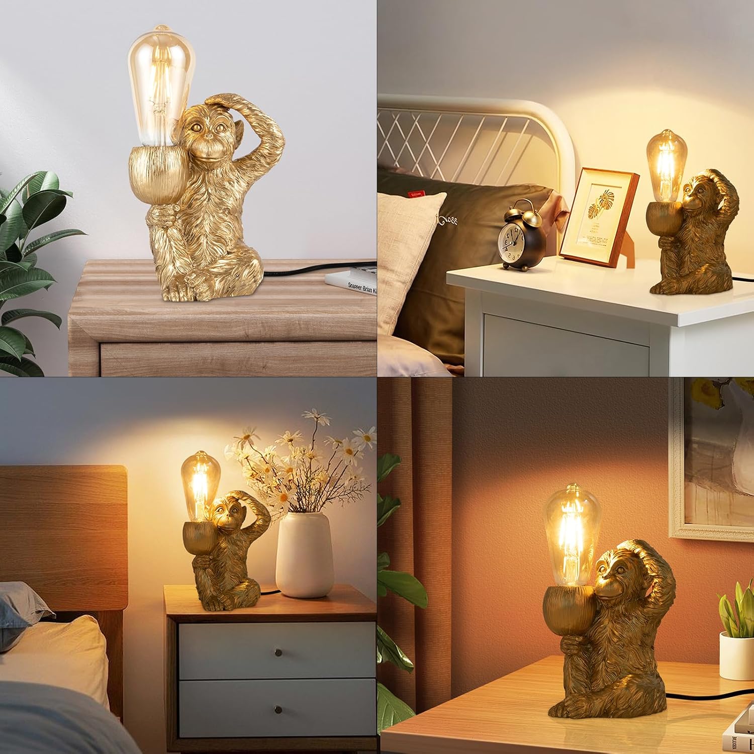 EseMiee Lámpara de mesa de noche de mono, lámpara de escritorio moderna, diseño único de mono de resina con enchufe E27, accesorio de iluminación de