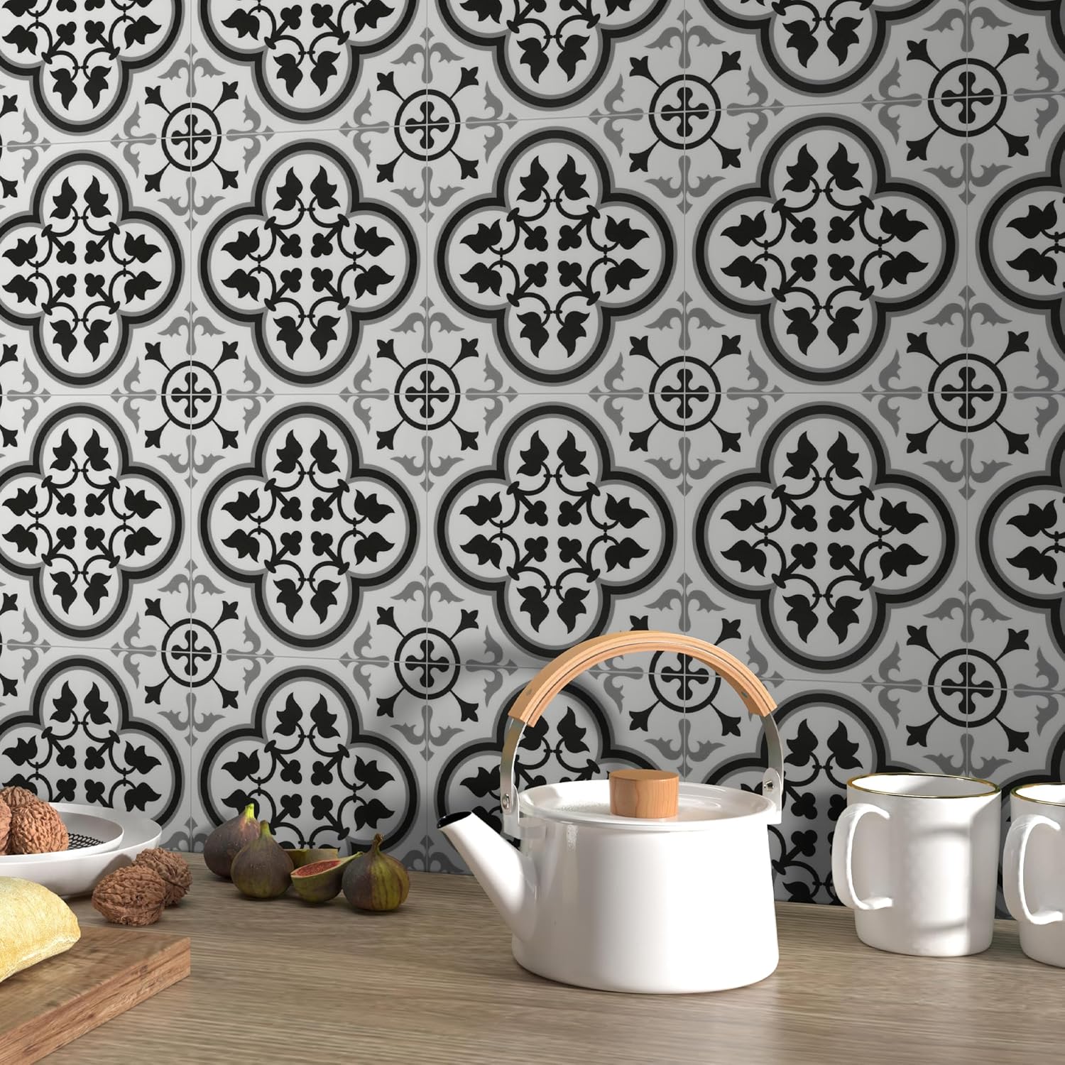 Azulejo de suelo y pared para baño y cocina. Azulejo autoadhesivo de vinilo SPC. Azulejo de salpicaduras de lechada con estampado encáustico blanco