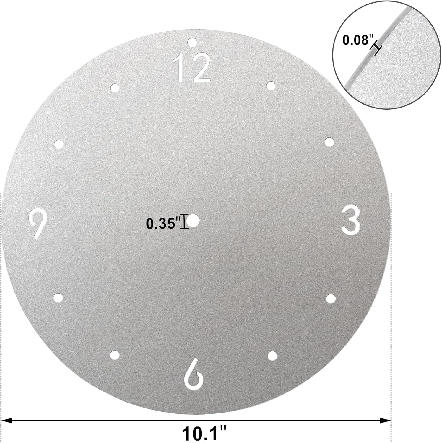 Reloj de pared de aluminio plateado para bricolaje, panel de reloj de pared de 10.1 pulgadas, tratamiento de oxidación superficial con agujeros de