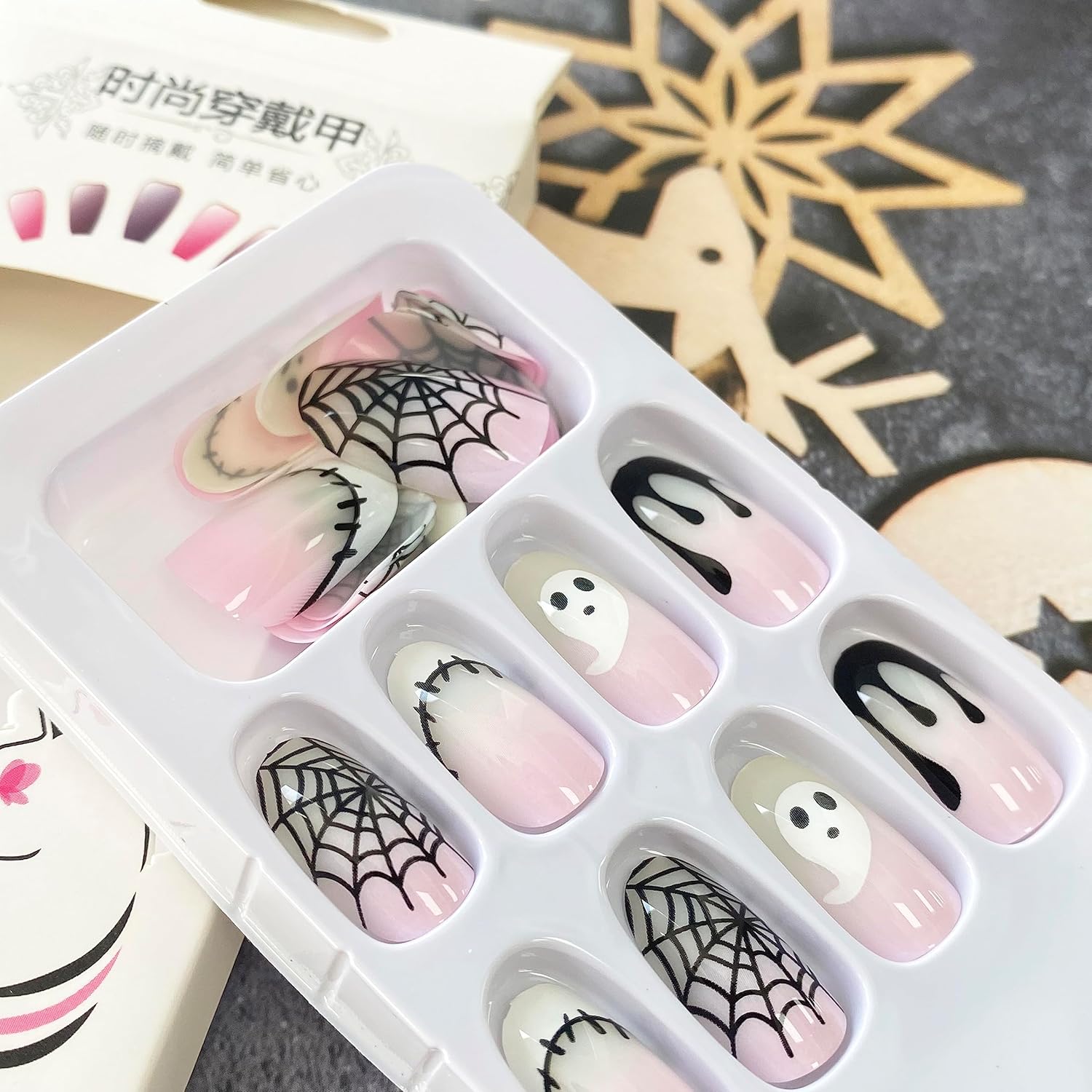 Uñas postizas a presión de Halloween, con diseño de gotas de sangre de tela de araña, uñas con pegamento en uñas blancas y rosas degradadas, punta