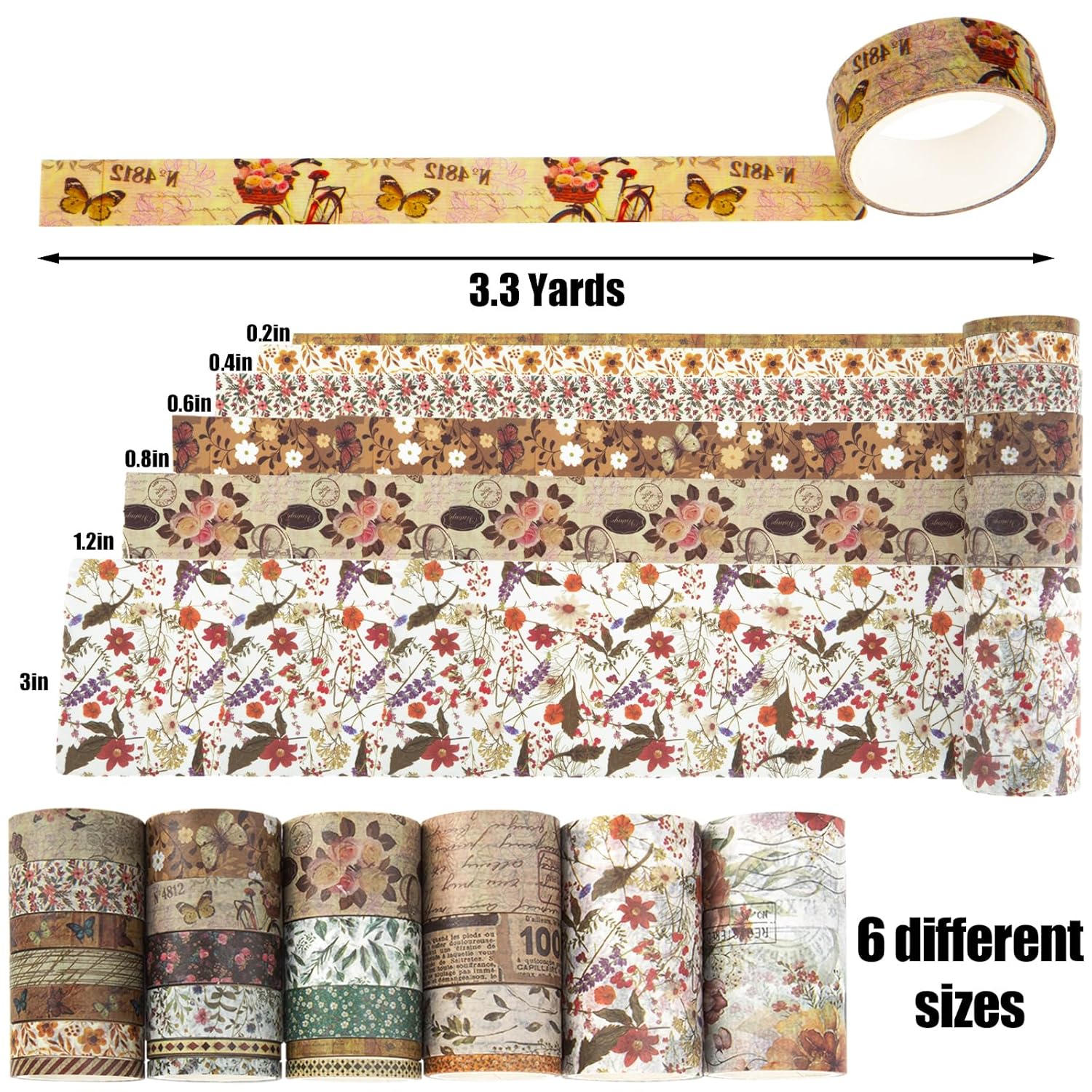 Koogel Juego de 32 rollos de cinta washi vintage de varios tamaños, cintas decorativas estéticas con fuerte adherencia para diario, manualidades,
