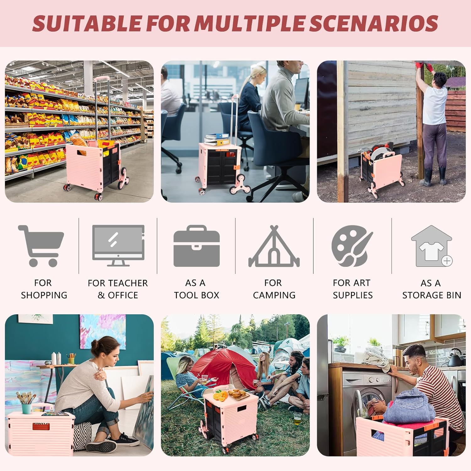 FELICON SELORSS – Carrito plegable portátil con ruedas para subir escaleras y ruedas giratorias de 360, mango telescópico, caja de plástico para