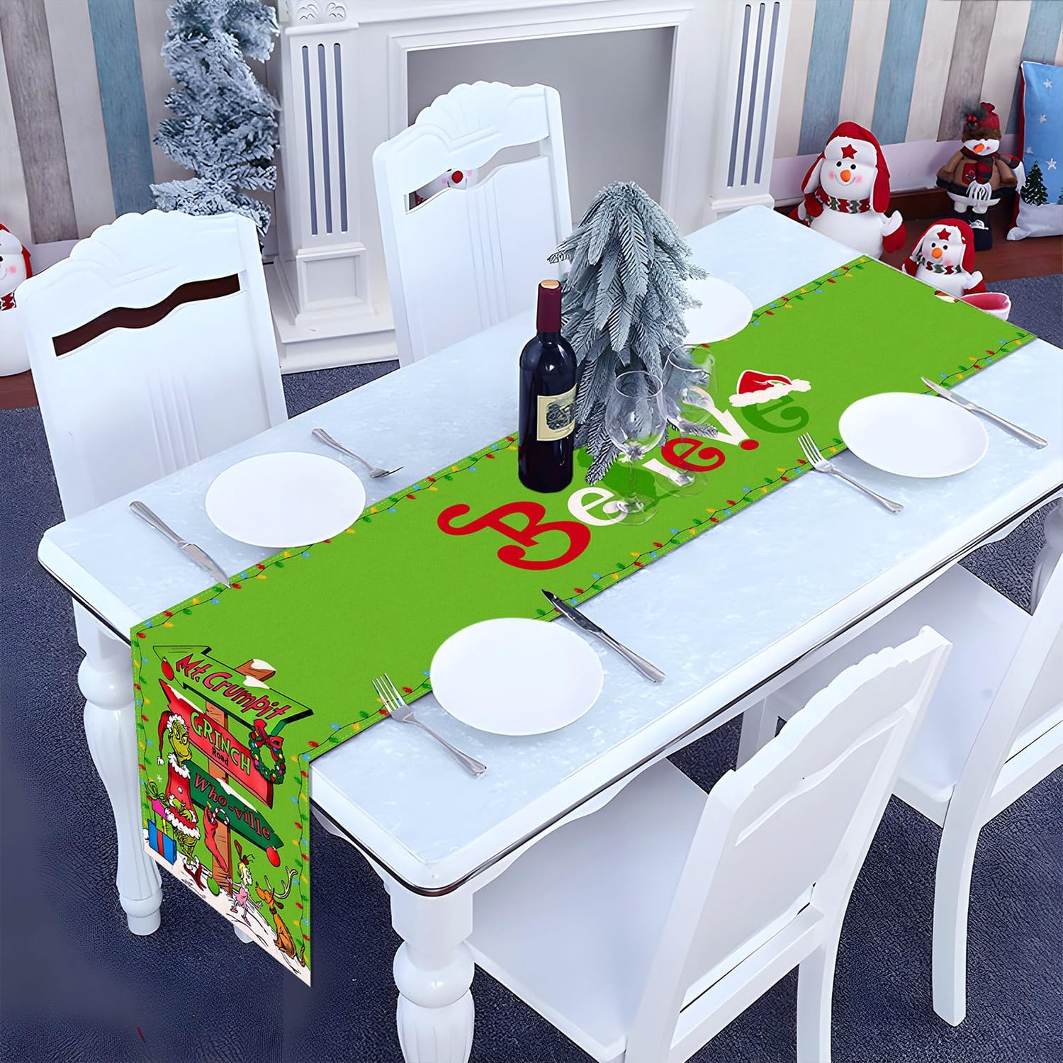 Camino de mesa Grinchmas Feliz Navidad, vacaciones de invierno, fiesta temática, cocina, comedor, decoración del hogar (verde, 13 x 90 pulgadas)